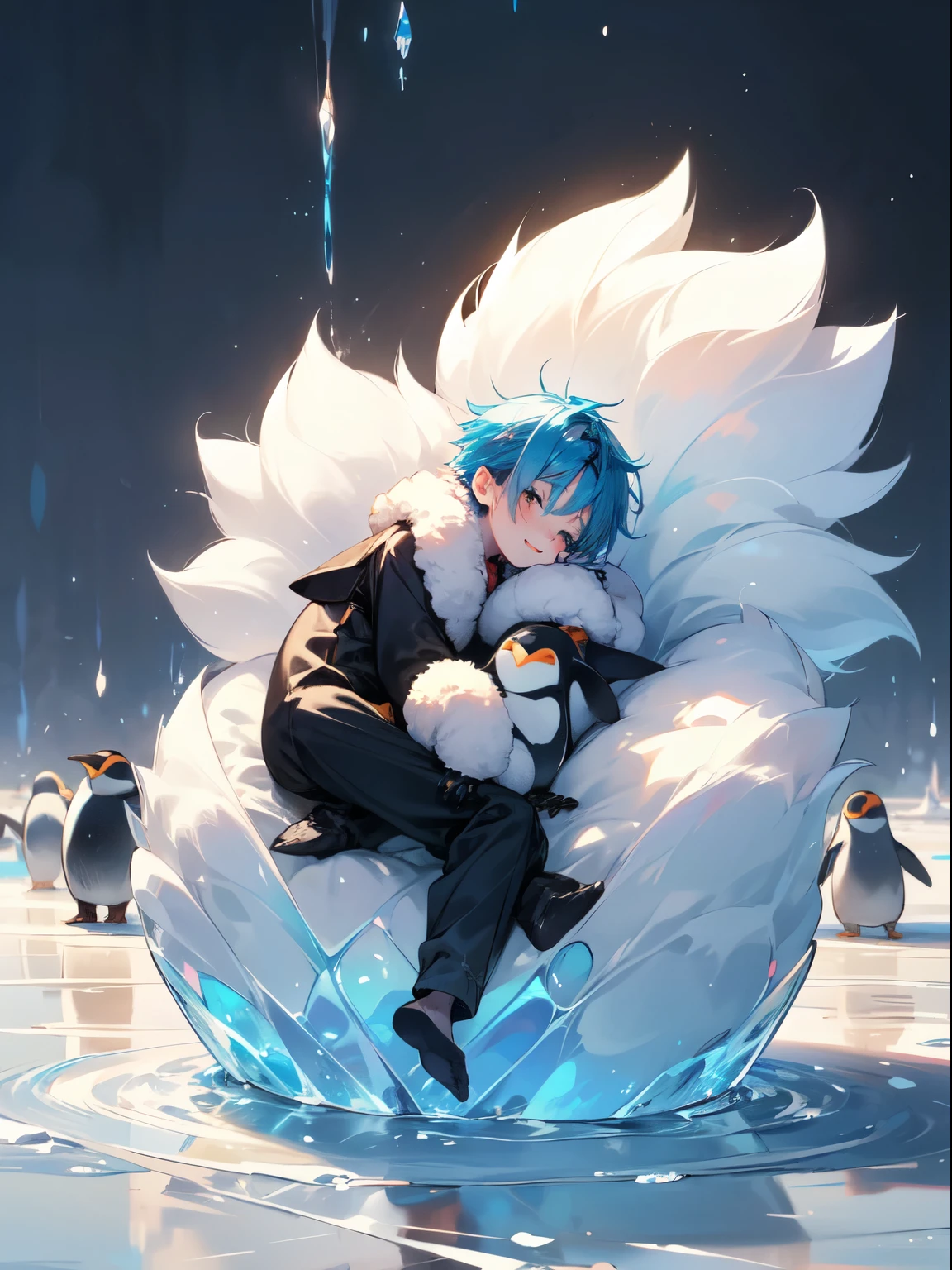 photoRealstic、Drawing of a ((cute little punk boy)) playing on ice , ((with many small penguin)),niji,cute ,calm, happy expressions,、cuddle with ((fluffy penguin:1.2)) 🐧