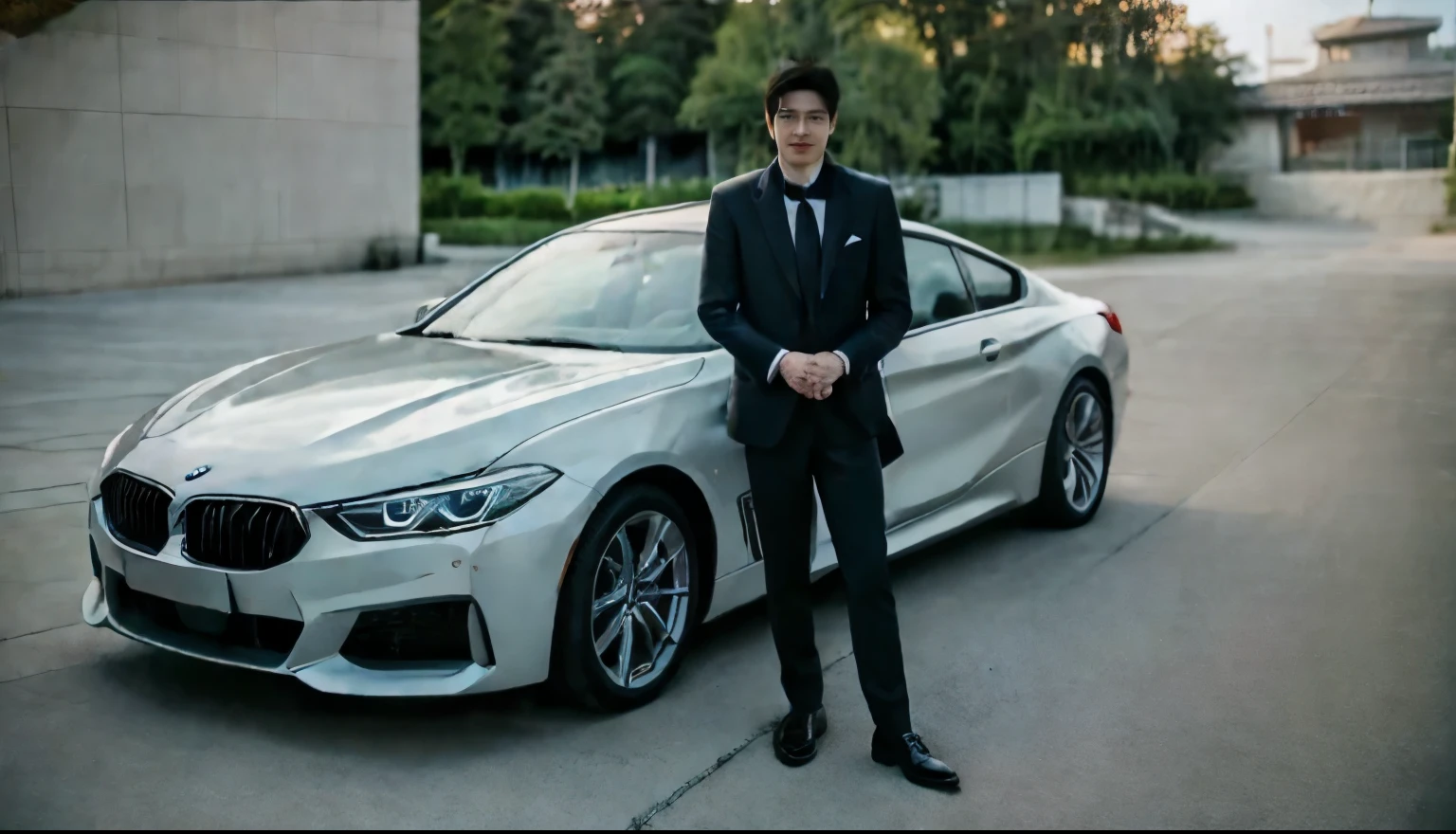 ((Real photos 8K) )a young handsome man.A Japanese man who looks like a movie idol star stands next to a white BMW 840I Qichang and takes pictures.he is smiling.Wearing a suit and tie.Maintain eye contact and look in the direction of the camera.His black hair was shiny to the elbows from the pomade.. masterpiece. best quality. natural and real light.