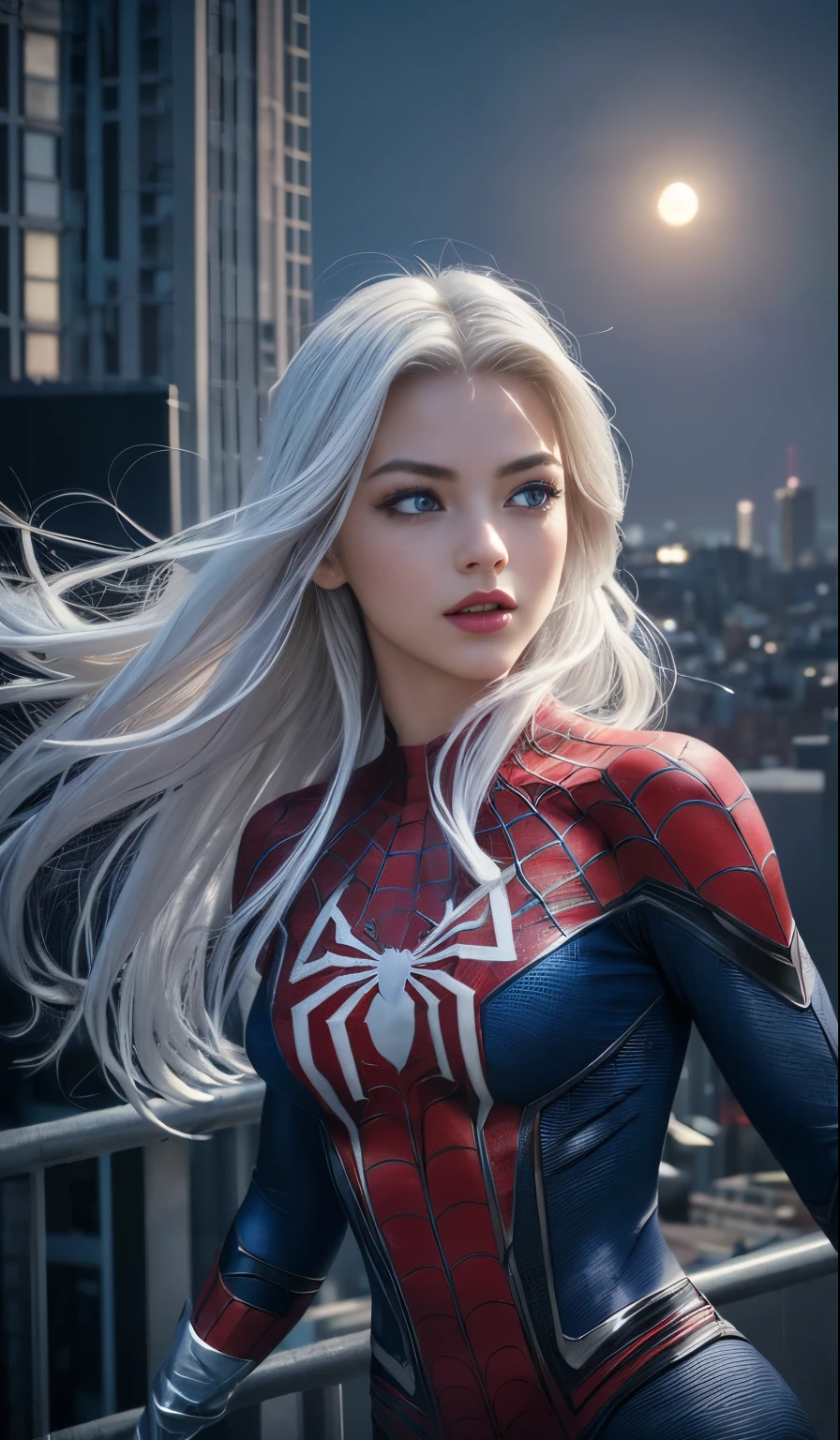 (masterpiece:1.4), (8k, photorealistic, RAW photo, best quality: 1.4), japanese, (1girl), beautiful face, (realistic face:1.4), (white hair, long hair:1.3), beautiful hairstyle, beautiful detailed eyes, (best ratio eyes:1.5), attractive, ultra high res, ultra realistic, highly detailed, best ratio, (detailed face:1.4), looking at viewer, red lipsticks, (best ratio fingers:1.5), (White superhero theme, charismatic, there's a girl on top of town, wearing lingerie Spider-Man costume, she's a superhero), [ ((25 years), full body, (realistic blue eyes:1.2), ((Spider-Man pose), show of strength, jumping from one building to another), ((sandy urban environment):0.8)| (cityscape, at night, dynamic lights), (full moon))] # Explanation: The Prompt mainly describes a 4K painting of ultra-high definition, very realistic, very detailed. It shows a superheroine at the top of the city, wearing a Spider-Man costume. The theme in the painting is a white superhero theme, the female protagonist has long white hair, is 25 years old and her entire body is shown in the painting. In terms of portraying the actions of superheroines, spiders are employed, (no bra:1.4), perky_nipples, ((exposed_nipples, exposed breasts, high proportional realistic breasts, realistic big breasts):1.3), (closed mouth:1.4), (camel_toe_pussy:1.3), innie_pussy,