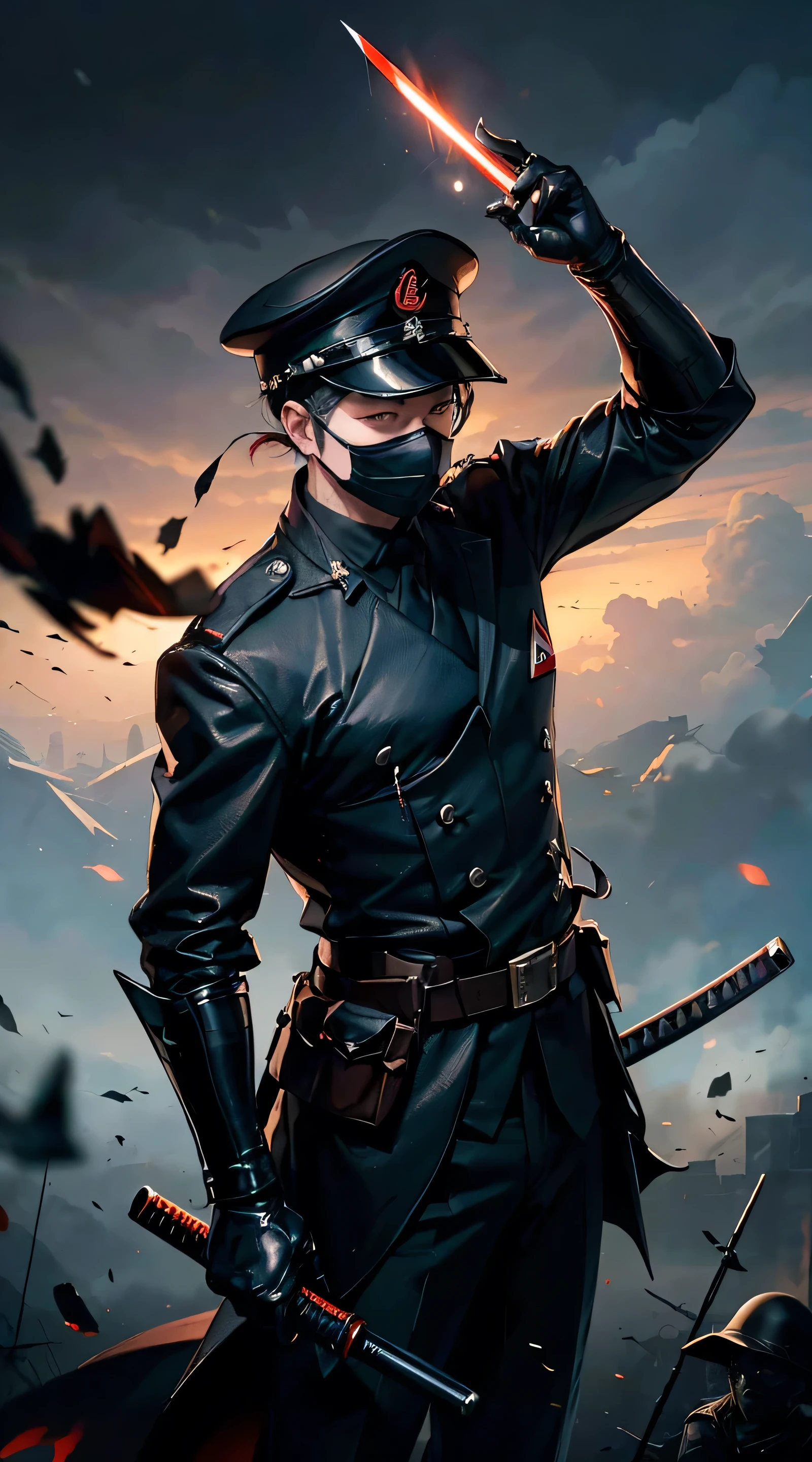 Grandfather holding katana, ww2 black suits, general ww2 hats, black mask, soldiers in the background,red blood element,hd light and dark, balance rendering, HD lighting and dark )<=(epic image quality)dark atmosphere with bright particle light(many effects in background)