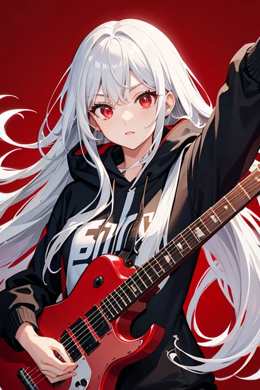 background through, long hair、straight hair、silver hair girl, red eyes、Super high quality, 8K、Upper body、Red background、Band vocals、black hoodie、guitar