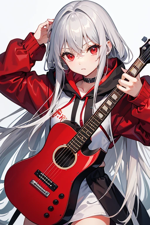background through, long hair、straight hair、silver hair girl, red eyes、Super high quality, 8K、Upper body、Red background、Band vocals、black hoodie、guitar