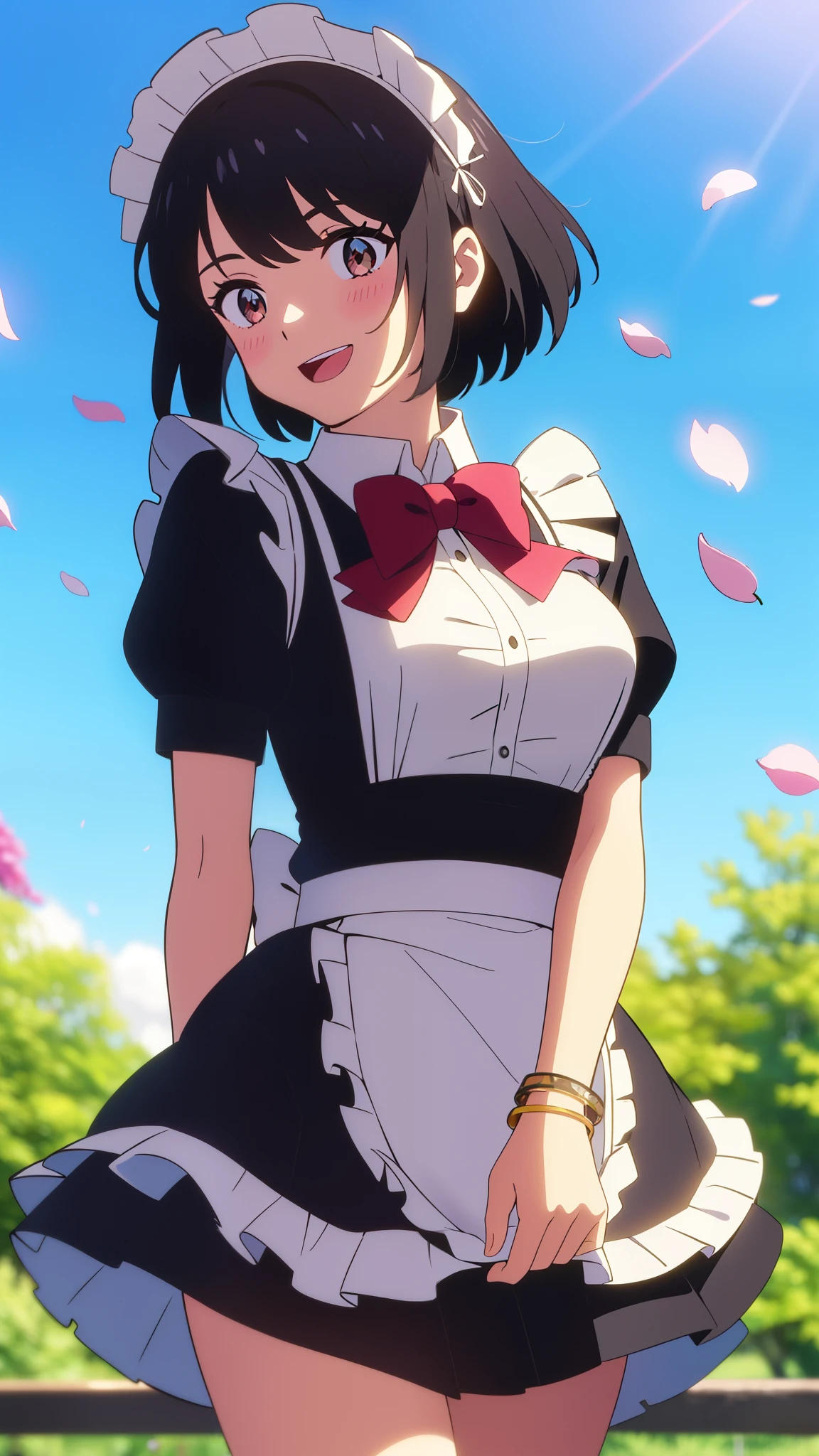 shinkai makoto, kimi no na wa., 1girl, bangs, black hair, short hair, blush, bright eyes, brown eyes, looking at the viewer, ((girl wear maid dress, short dress, short skirt, maid headdress)), bare shoulders, medium breasts, red bow, red ribbon, shinny skin, smile, cute, happy, open mouth, outdoors, bracelet, cherry_blossoms, falling_petals, petals, branch, pink_flower, blue_sky, sunlight, spring_season, wind, tree, upper body