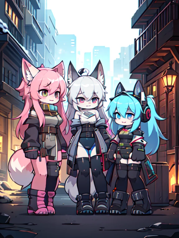 Kawaii, Pink striped Fluffy Fox, , emaciated, Pink long hair, left eye is red, right eye is blue, heterochromia, 3girls, in the night deserted city with snowing with ruin, artificial synthetic skin, life support prosthetics, biological prosthetic legs, digital headphones, biological prosthetic arms, Military-under shirt, black tight latex leotard, white over-sleeve mechanical long dress, thigh-high-socks, grey fading opaque stockings, shorts, Grey long-Sleeve loose off-the-shoulder Military hood jacket, tactical gun holsters in thigh, Mechanical boots, metallic knee pads, tactical belted loose Arm Sleeves, watch, cybernetic Display gloves, chest rigs, tactical belts, blue-archive halo, bulletproof goggles, from Ark nights,