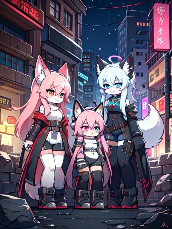 Kawaii, Pink striped Fluffy Fox, , emaciated, Pink long hair, left eye is red, right eye is blue, heterochromia, 3girls, in the night deserted city with snowing with ruin, artificial synthetic skin, life support prosthetics, biological prosthetic legs, digital headphones, biological prosthetic arms, Military-under shirt, black tight latex leotard, white over-sleeve mechanical long dress, thigh-high-socks, grey fading opaque stockings, shorts, Grey long-Sleeve loose off-the-shoulder Military hood jacket, tactical gun holsters in thigh, Mechanical boots, metallic knee pads, tactical belted loose Arm Sleeves, watch, cybernetic Display gloves, chest rigs, tactical belts, blue-archive halo, bulletproof goggles, from Ark nights,