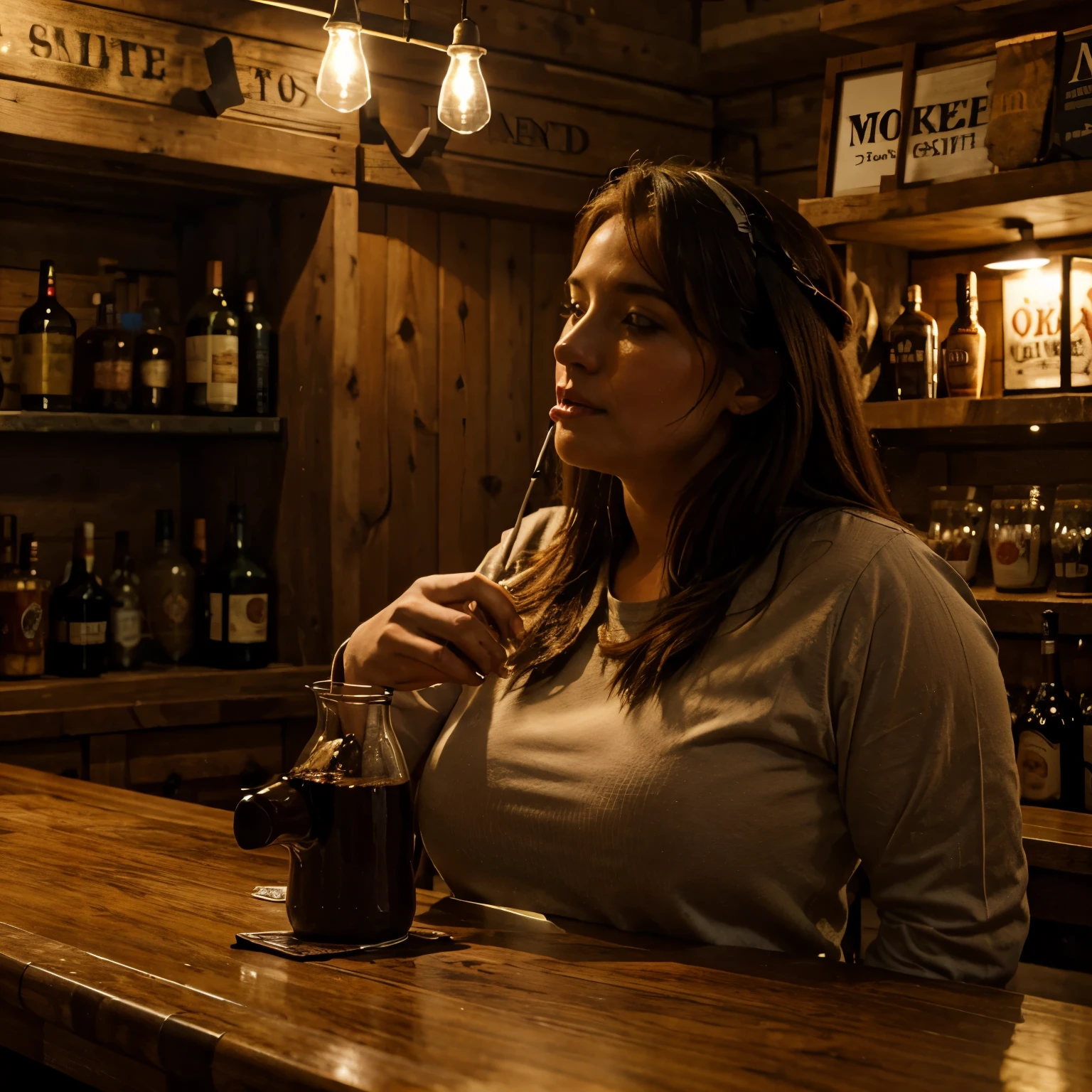 Cow drinking bear with farmer in bar