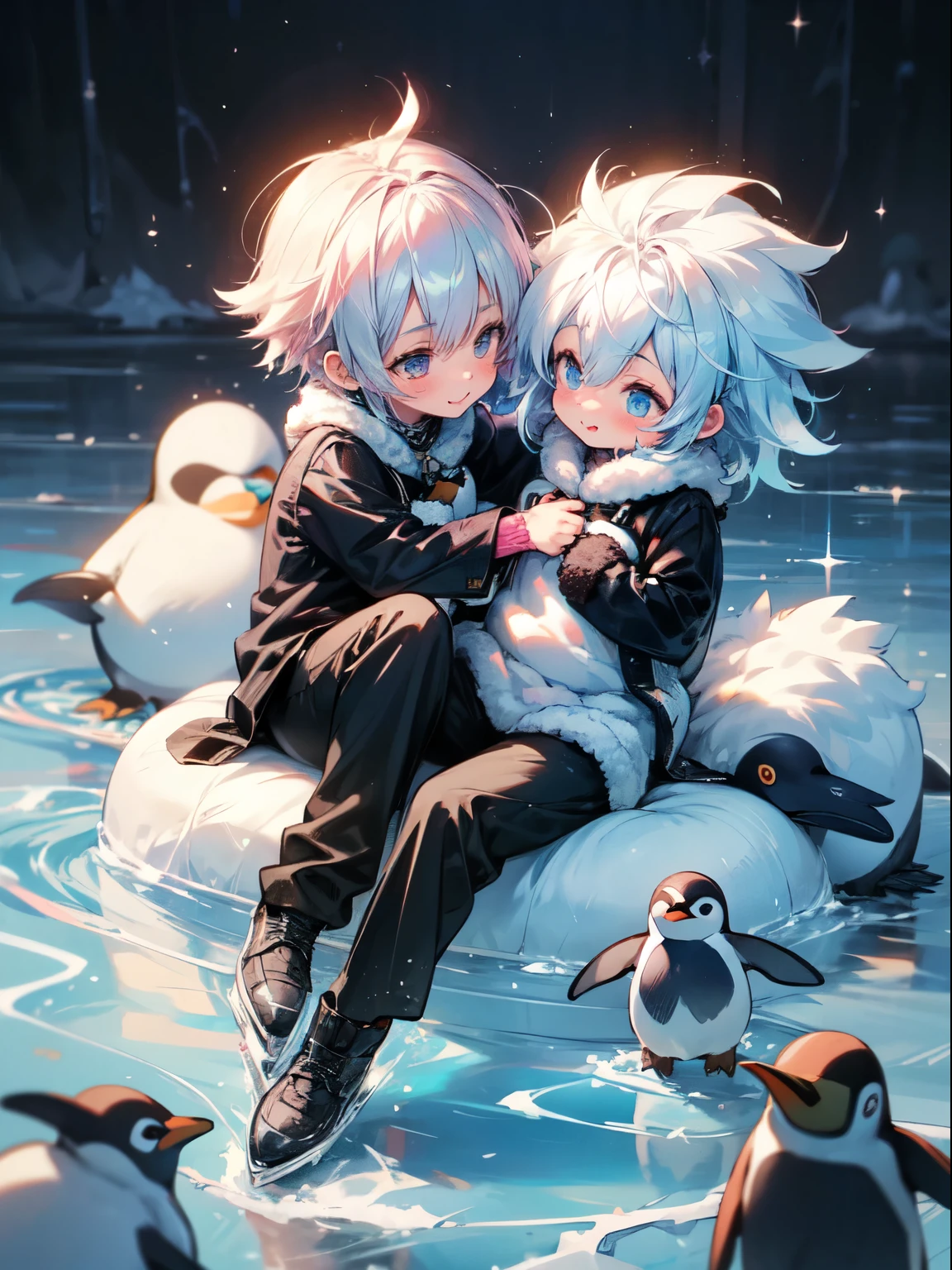 photoRealstic、Drawing of a ((cute punk boy)) playing on ice , ((with many small penguin)),niji,cute ,calm, happy expressions,、cuddle with ((fluffy penguin:1.2)) 🐧