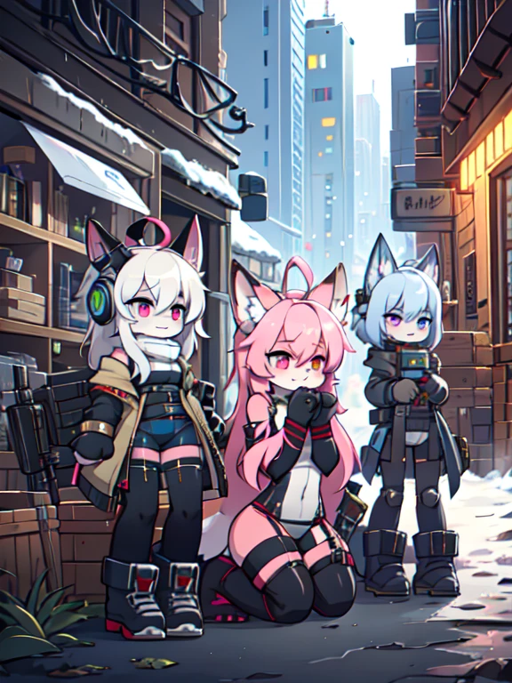 Kawaii, Pink striped Fluffy Fox, , emaciated, Pink long hair, left eye is red, right eye is blue, heterochromia, 3girls, in the night deserted city with snowing with ruin, artificial synthetic skin, life support prosthetics, biological prosthetic legs, digital headphones, biological prosthetic arms, Military-under shirt, black tight latex leotard, white over-sleeve mechanical long dress, thigh-high-socks, grey fading opaque stockings, shorts, Grey long-Sleeve loose off-the-shoulder Military hood jacket, tactical gun holsters in thigh, Mechanical boots, metallic knee pads, tactical belted loose Arm Sleeves, watch, cybernetic Display gloves, chest rigs, tactical belts, blue-archive halo, bulletproof goggles, from Ark nights,