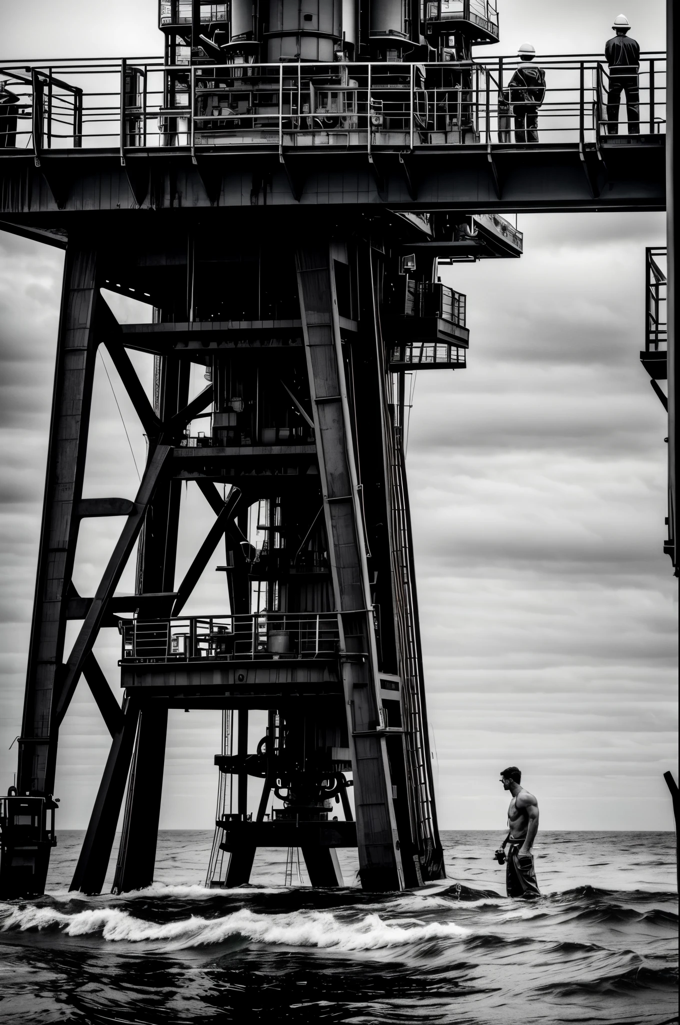 Male fashion photography photo, full body shot, handsome nude young manly christian hogue, working on an oil platform, black and white photo, dramatic poses and light and dark composition, the North Atlantic Ocean is famous for its rich oil reserves under the sea, illuminated by the distant sea surface. Attracted by the mysterious light, he developed a strong interest in the oil platform standing in the sea. Photographers and staff recorded their lives while repairing the ship and on the deck, photos taken during the journey, and historical images of the oil drilling platform collected by the photographer. It depicts the transformation and decline of the natural gas and oil industries in the past and present, highlighting the changes and time this ocean has experienced.