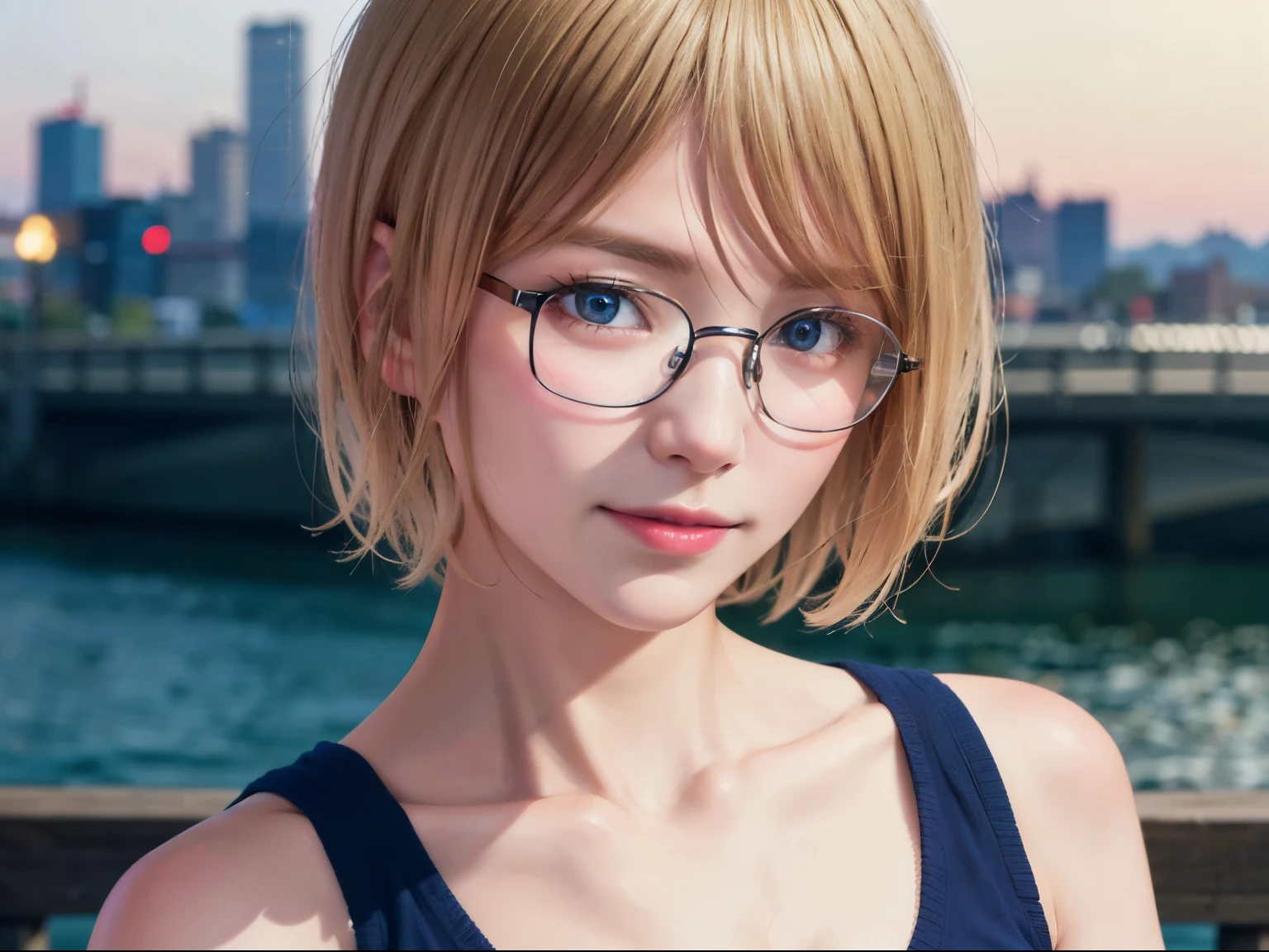 Japanese girl in casual clothes、Observe the audience、Tokyo cityscape at night、(highest quality、masterpiece)))、HD Fine、Very detailed、masterpiece、Cinema Lighting、(8k、highest quality、masterpiece:1.2)、(Realistic、Realistic:1.37) High resolution、Super Detail、Woman wearing glasses、A look of silence、Round Glasses、Asian, cute, cute顔, alone,Blonde Short Hair 1.2, Textured skin, Beautiful smile, Beautifully detailed night sky, Night view, Cinema Lighting, Written boundary depth, Lens flare light、date、(Blushing your nose)、、(Mouth closed)Small breasts、A beautiful eye for detail、(sweater:1.1)、(Blonde Short Hair:1.2)、Floating Hair Nova Frog Style、