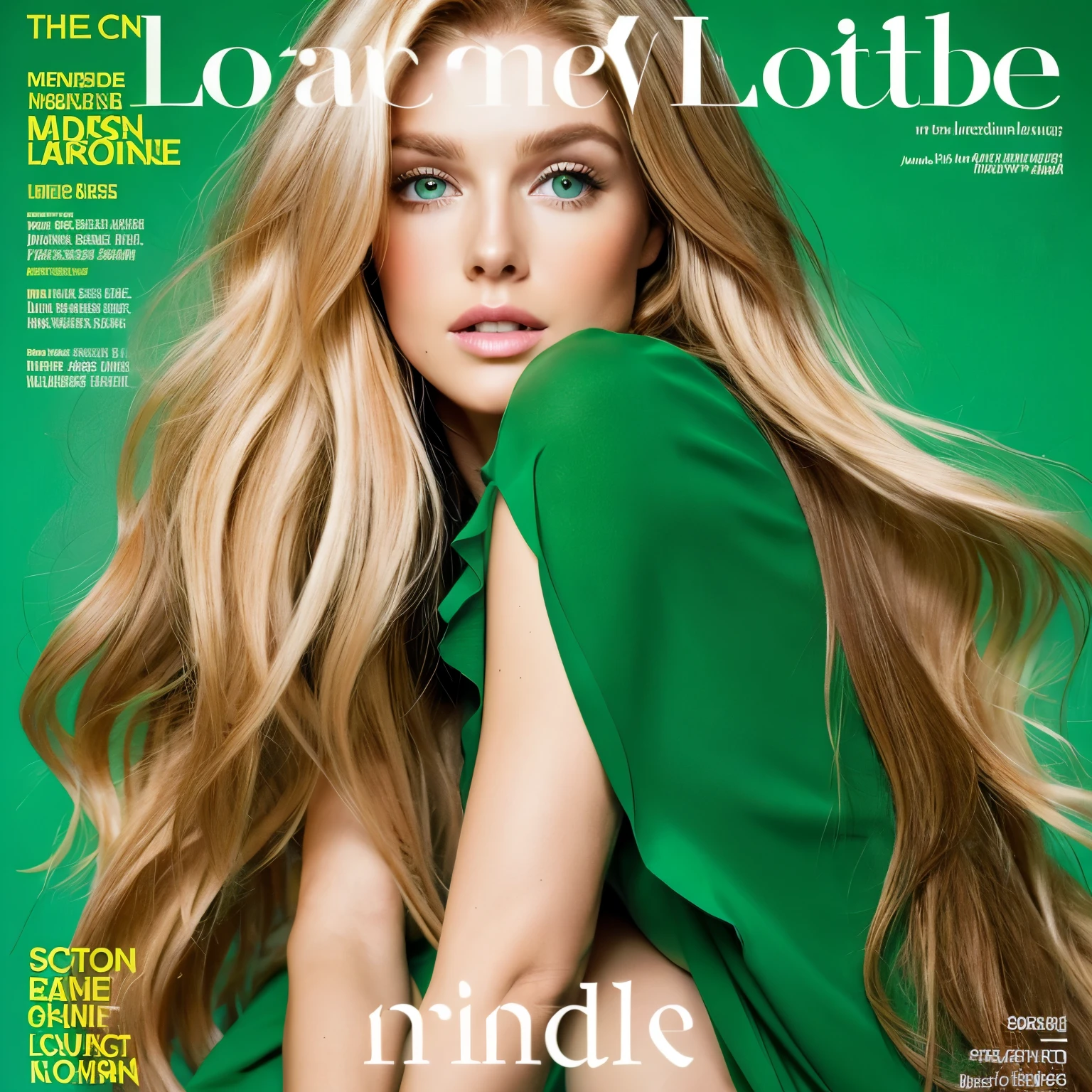 An irish model with long and straight blonde hair and green eyes posing for a magazine cover