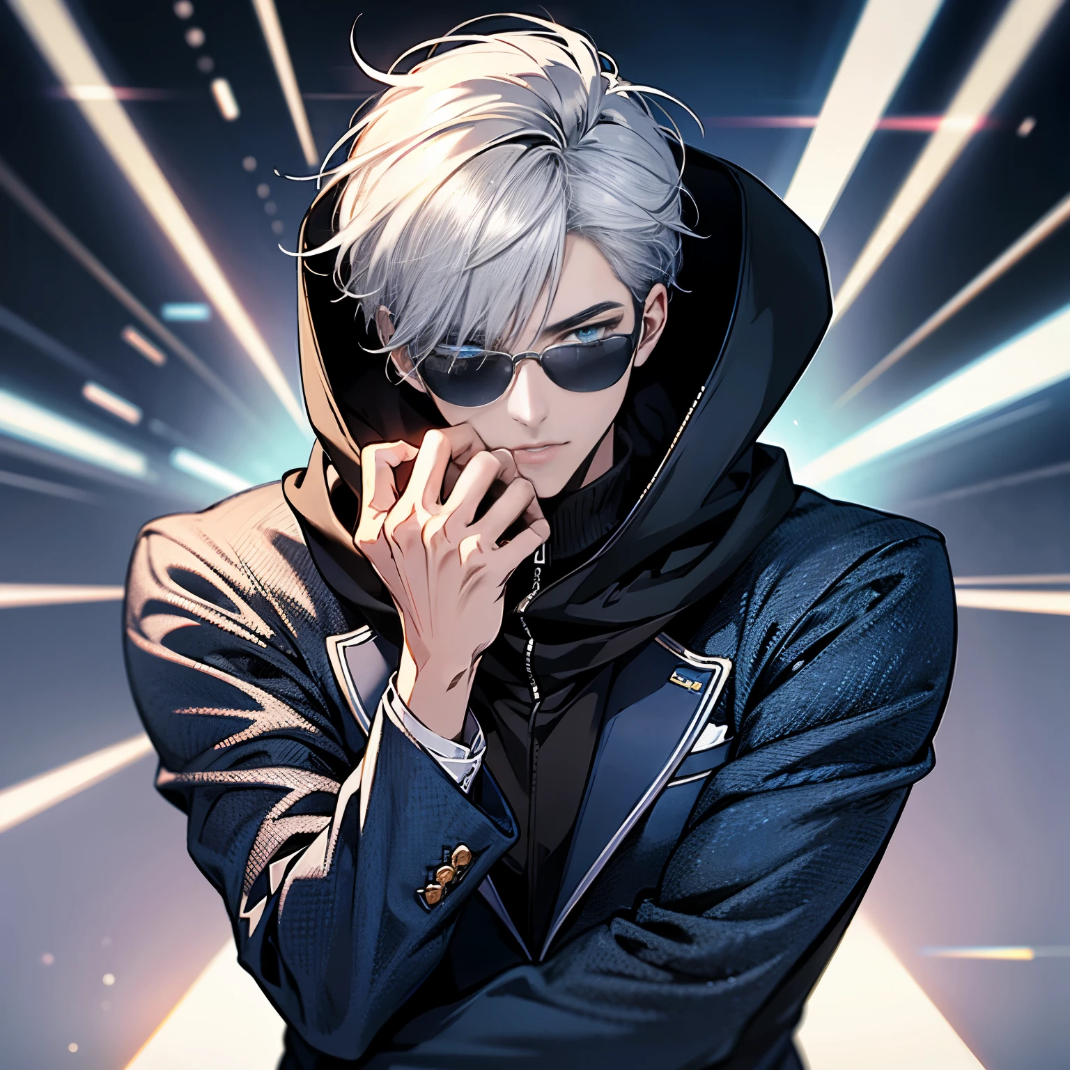 (Very detailed, Perfect Pixel, High resolution, highest quality, Beautifully drawn eyes in every detail), male, short hair, Parted bangs, Silver Hair, blue eyes, Dark blue suit, Black hood, sunglasses, Modern, commander, Motion Blur, 8k, Super Detail, Accurate, highest quality, Ray Tracing.