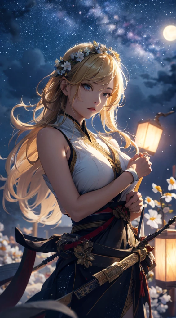masterpiece, high quality, 4K, Beautiful design, silhouette,blonde,Side Tail, 非常に詳細な夜のStarry Sky,Flower Field, wonderful, Finer details, Very knowledgeable woman, Highly detailed solo, 1 female,Beautiful Eyes,tears,Big Breasts,White sleeveless,rain,Night view,Starry Sky,full moon,