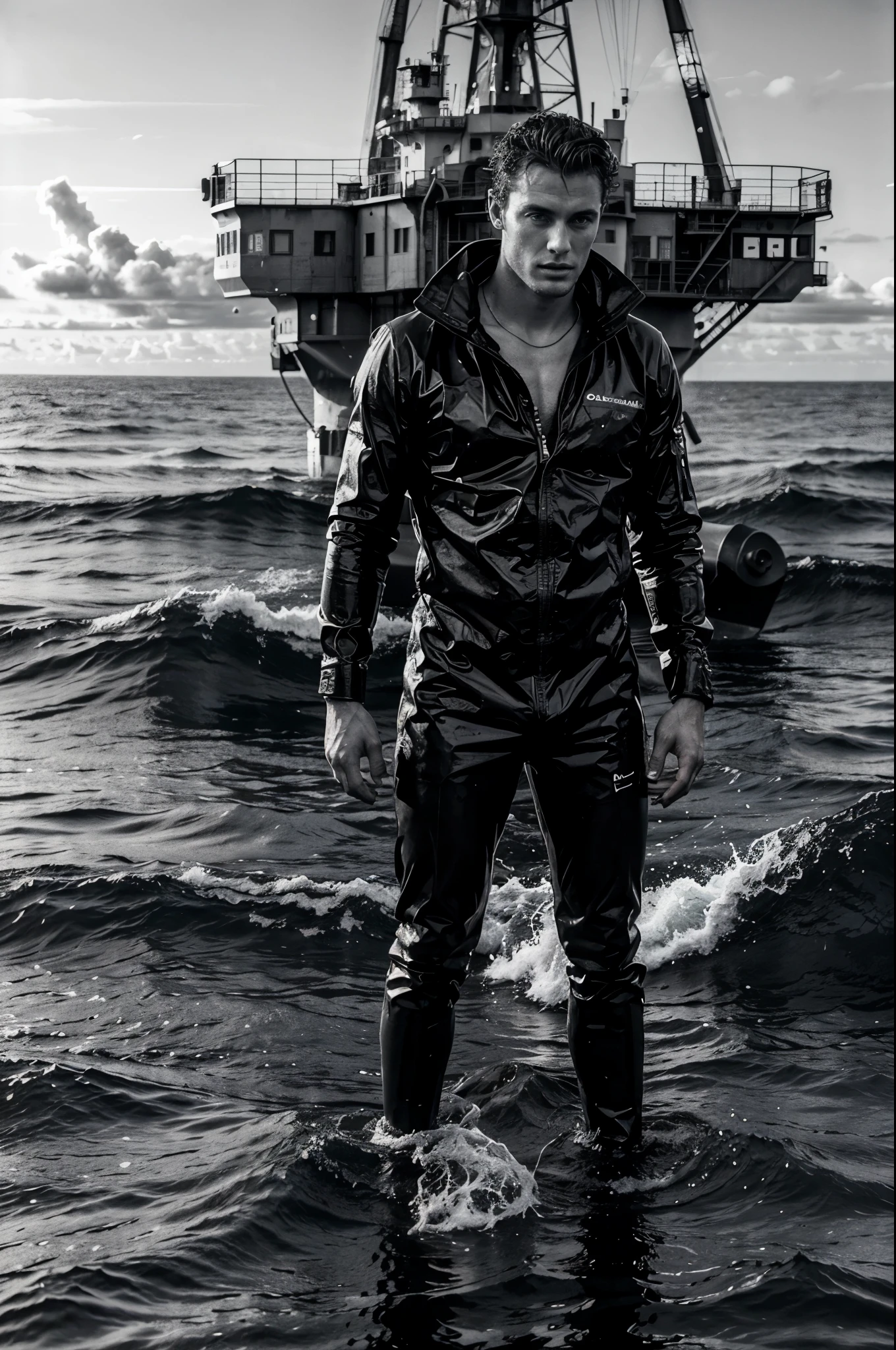 Male fashion photography photo, full body shot,(((handsome naked young manly sexy christian hogue))), working on an oil platform, black and white photo, dramatic poses and light and dark composition, the North Atlantic Ocean is famous for its rich oil reserves under the sea, illuminated by the distant sea surface. Attracted by the mysterious light, he developed a strong interest in the oil platform standing in the sea. Photographers and staff recorded their lives while repairing the ship and on the deck, photos taken during the journey, and historical images of the oil drilling platform collected by the photographer. It depicts the transformation and decline of the natural gas and oil industries in the past and present, highlighting the changes and time this ocean has experienced.