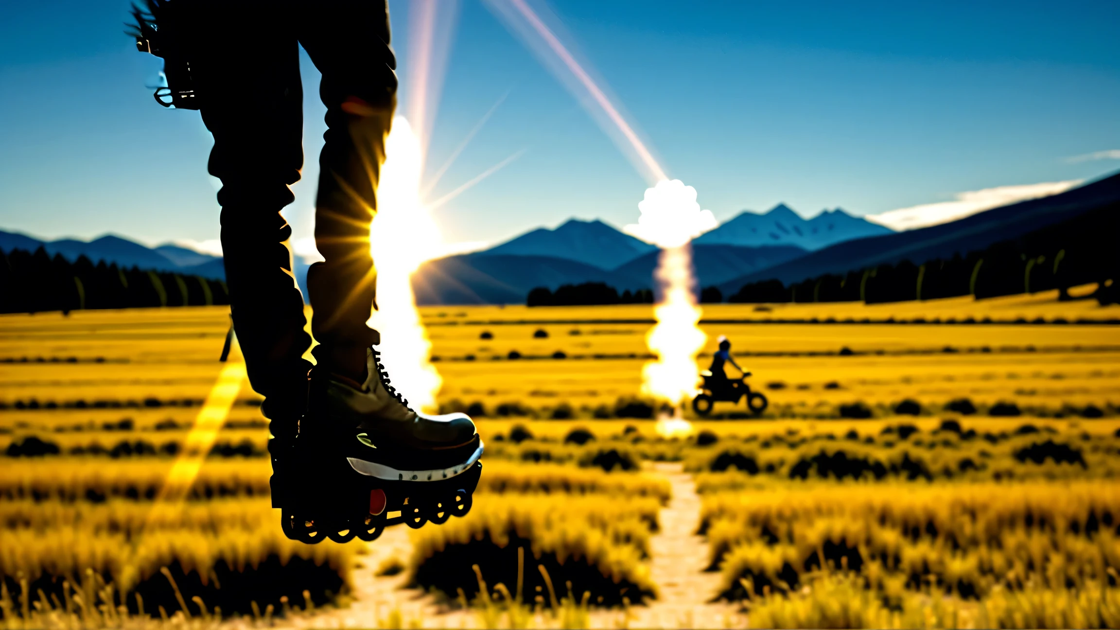 a girl riding a giant rabbit outdoors, looking at viewer, sky, grass, and mountains in the background, 1girl, riding, animal, shirt, pants, white_shirt, boots, t-shirt, trees, grass, sky