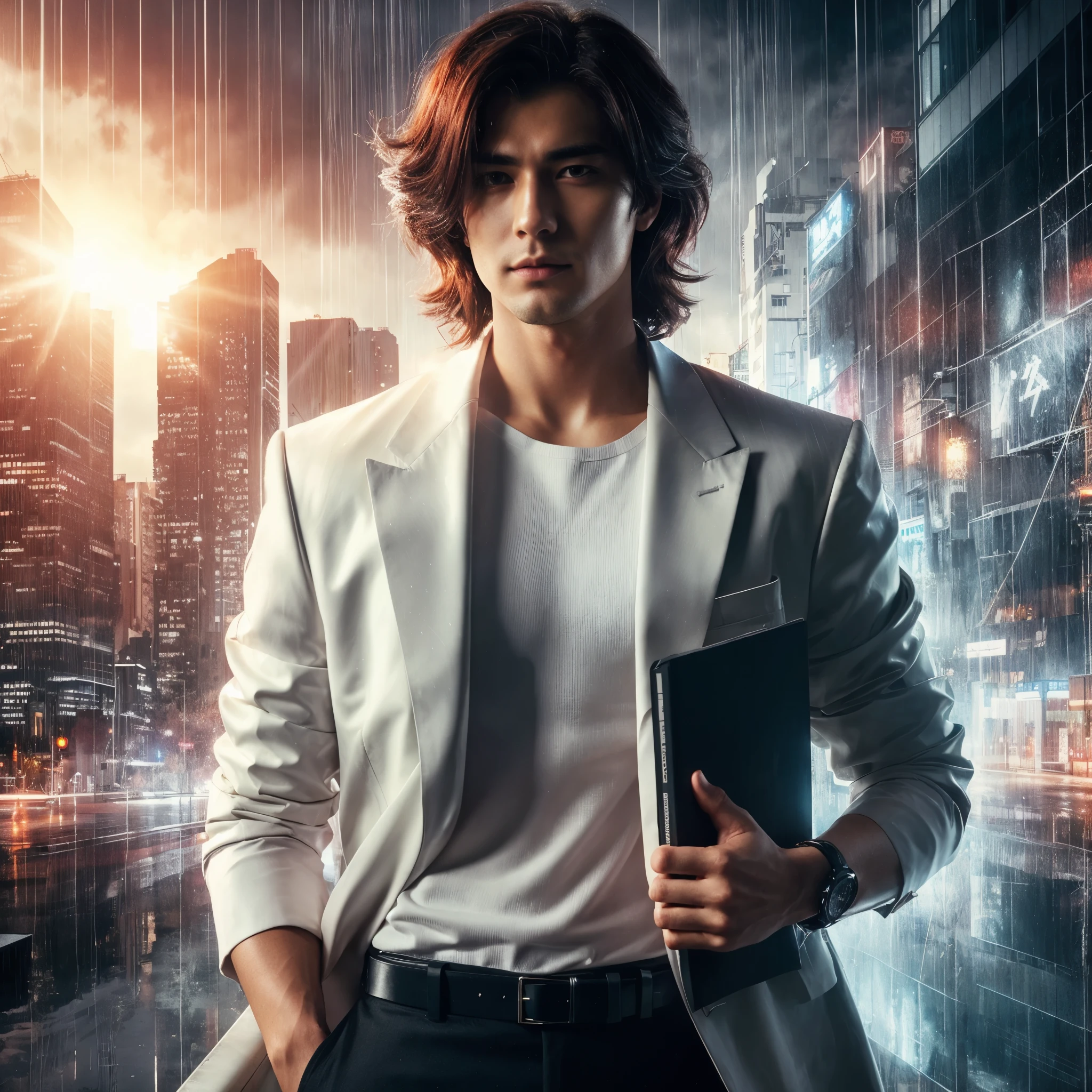 1 japan man model, handsome, confident, mysterious, slight smile, natural makeup, long wavy maroon hair, white jacket suit, black trousers, holding a black book deadnotes, strong, spy, secret agent, dramatic lighting, action poses, Sony 7000D photo style, ultra-realistic, high definition, sunrise, lens flare, futuristic, cyberpunk buildings, with rain for a noir vibe