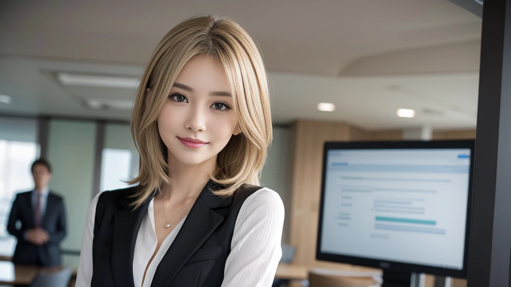 Tabletop、highest quality、Genuine、Very detailed、finely、High resolution、8k wallpaper、One beautiful woman、、Light blonde messy hair、Wear a business suit、Sharp focus、Perfect dynamic composition、Beautiful fine details、Thinning hair、詳細なGenuineな肌の質感、Cute Smile、Model Body Type、It is explained here、conference room、looking at the camera、Are standing、1 person、Head tilted slightly、short hair