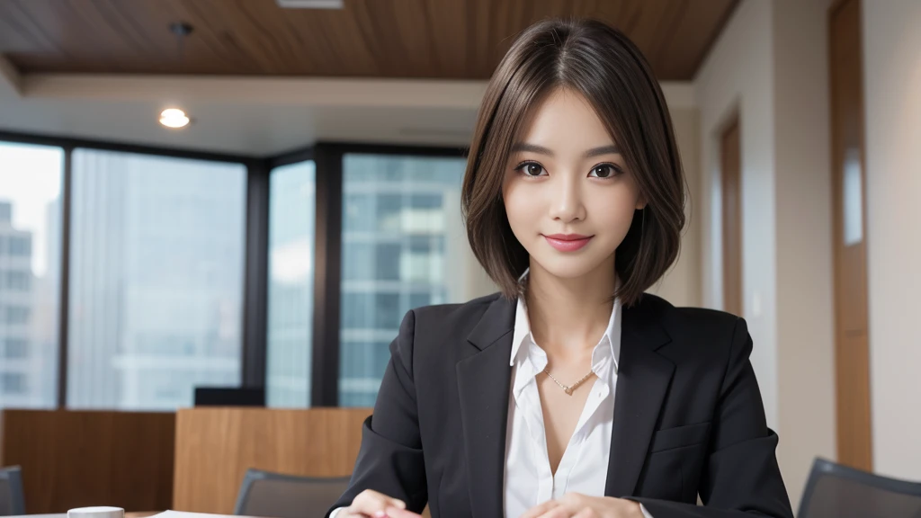 Tabletop、highest quality、Genuine、Very detailed、finely、High resolution、8k wallpaper、One beautiful woman、、Light blonde messy hair、Wear a business suit、Sharp focus、Perfect dynamic composition、Beautiful fine details、Thinning hair、詳細なGenuineな肌の質感、Cute Smile、Model Body Type、It is explained here、conference room、looking at the camera、Are standing、1 person、Head tilted slightly、short hair