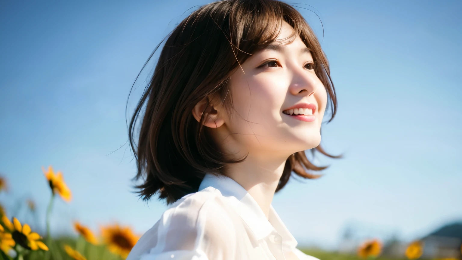 ((highest quality)), ((masterpiece)), (detailed), Perfect Face,young,Japanese,girl,23 years old,Blurred Background,,Brown hair color,Bob Hair,Loose curly hair,Half face,Location shooting,Shooting with depth,Shooting from an angle,Hair blowing in the wind,White clothes,White blouse,The neck is sticking out,Trendy Face,Spring background,Warm Light,Not wearing a scarf,A little smile,Well-groomed eyebrows,Missing the line of sight,Flower Field Background,blue sky,Looking down,Up to the upper body,Sky background,profile,Flower Field