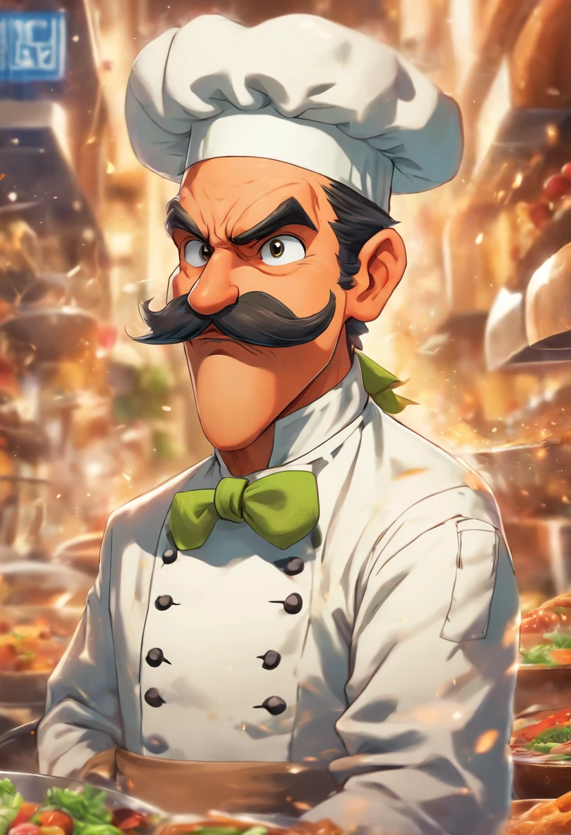 El chef Gino con su bigote moustachol. Traje y gorro d cosinero en color blanco. Un chef italiano