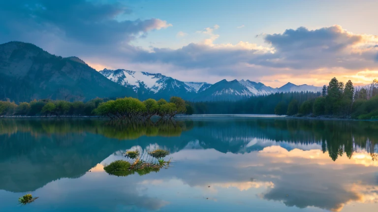 A serene dawn scene at a vast lake, highlighted in bright white tones, with a rich morning mist enveloping the air. Surrounded by a lush mixed forest and backed by distant mountains, ducks energetically take flight from the transparent waters of the lake.