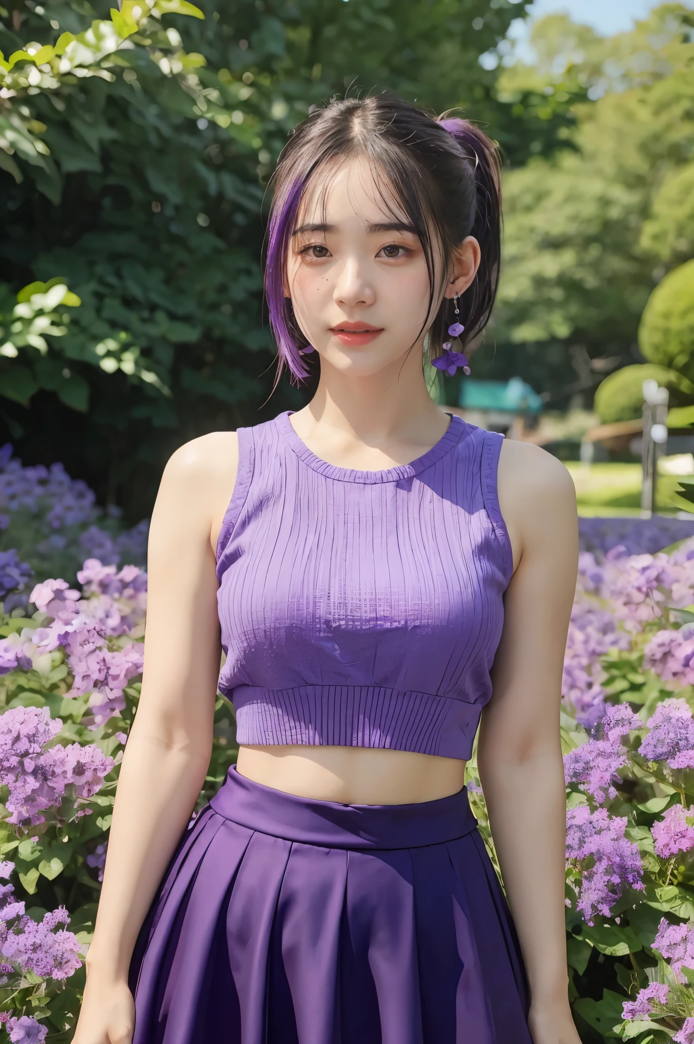 (8K、RAW Photos、Highest quality、masterpiece:1.2)、(Realistic、Realistic)、1 Girl、((lilac crochet crop top、rabbit heart bracelet、skirt、upper image、space、View from the front、Looking into the camera、unusual pose))、