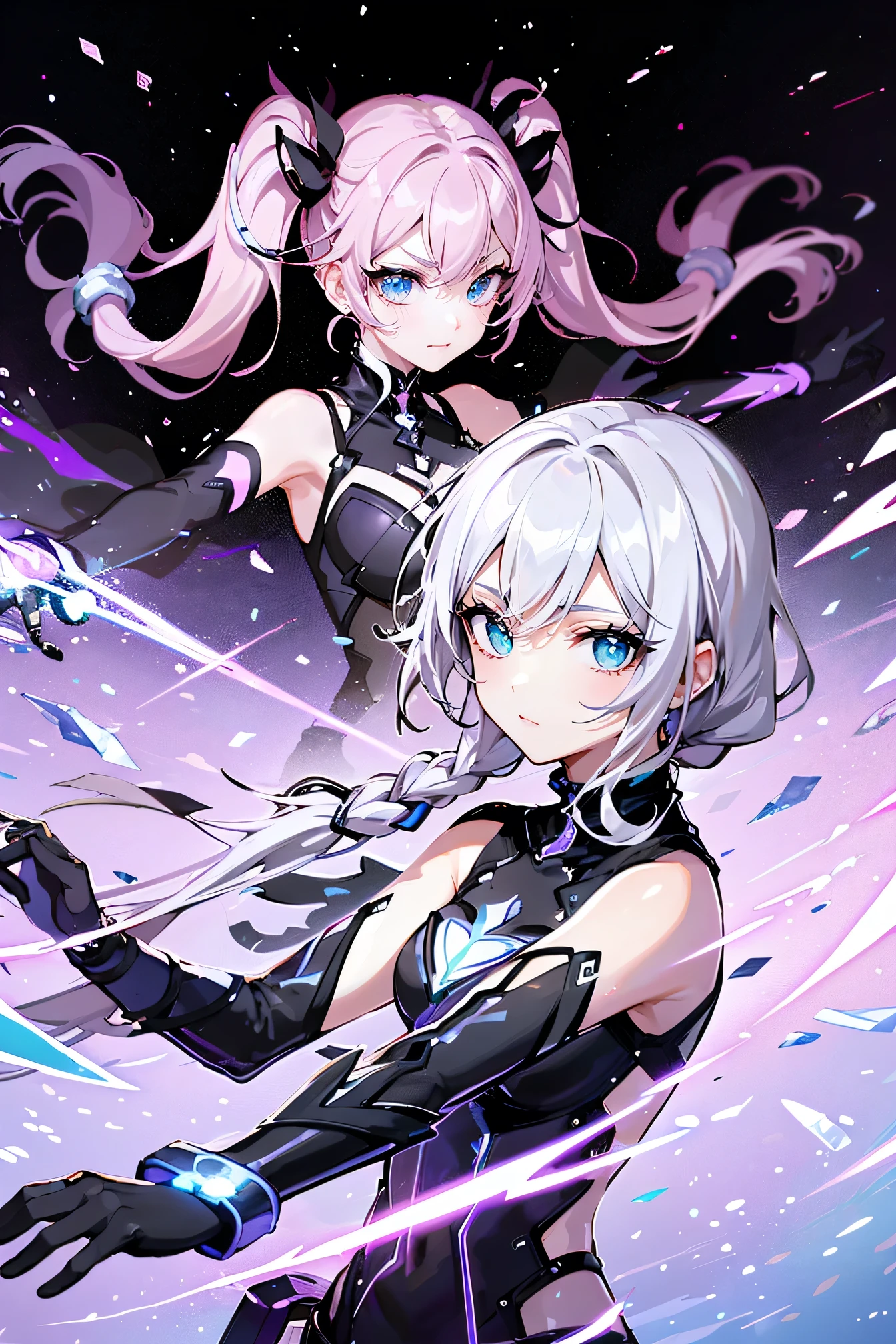 ((Couple with a girl:1.3)),Best Quality, Ultra High Resolution, Cute, (KPOP Idol), (Long Twintail), (Light Purple Hair:1), ((Big Eyes)), Looking at you,
BREAK ((upper body:1.3)), Front View,A character with long, flowing silver hair and a slender build, wearing a black and white outfit that includes thigh-high boots and gloves. The character is in a dynamic pose surrounded by ethereal purple crystals and energy,
The character is in a dynamic pose surrounded by ethereal purple crystals and energy,A character with long, flowing purple hair, wearing a metallic top and black shorts with thigh-high boots. The outfit includes straps and belts, giving it a futuristic or fantasy style. The character is in a dynamic pose with radiant light or energy surrounding them, set against a minimalistic abstract background,