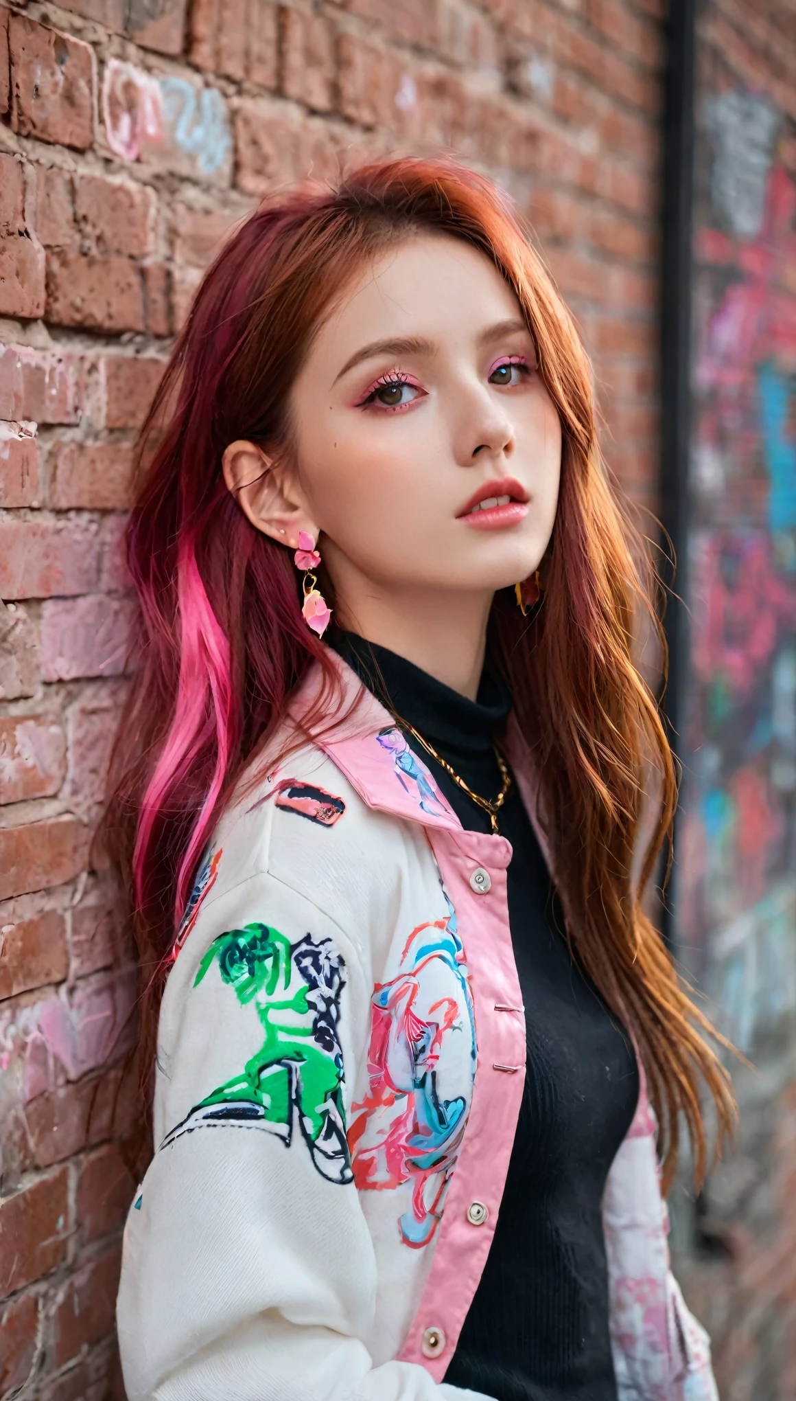 (masterpiece, best quality, 1 girl, Solitary, Intricate details, Chromatic Aberration), Practical, ((Moderate breathing)),Long hair, Red hair, Red decoration on the head, Pink highlights, Amber eyes, earrings, Sharp eyes, necklace, Neon shirt, Ripped shorts, Unbuttoned jacket, turtleneck sweater, night, Against the wall, Brick wall, Graffiti, Dim Lights, alley, Look at the audience
