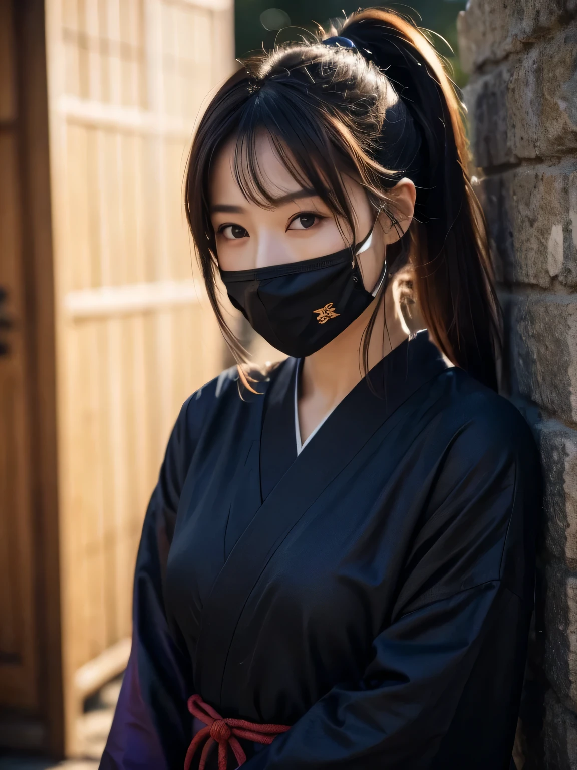 Black ninja costume, Japanese Clothing, Leaning against a wall, looking at the camera, Beautiful Japanese Women, Troubled face, ponytail