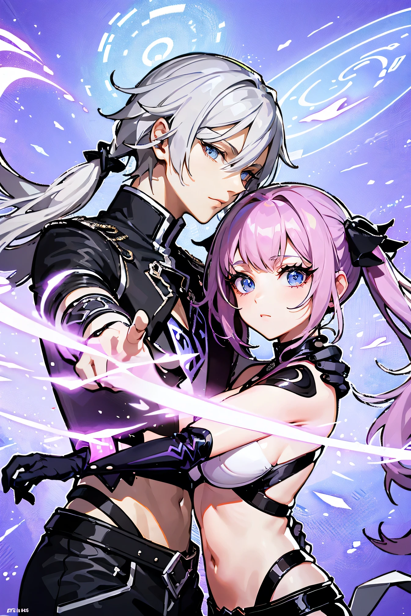 ((Couple with a girl:1.3)),Best Quality, Ultra High Resolution, Cute, (KPOP Idol), (Long Twintail), (Light Purple Hair:1), ((Big Eyes)), Looking at you,
BREAK ((upper body:1.3)), Front View,A character with long, flowing silver hair and a slender build, wearing a black and white outfit that includes thigh-high boots and gloves. The character is in a dynamic pose surrounded by ethereal purple crystals and energy,
The character is in a dynamic pose surrounded by ethereal purple crystals and energy,A character with long, flowing purple hair, wearing a metallic top and black shorts with thigh-high boots. The outfit includes straps and belts, giving it a futuristic or fantasy style. The character is in a dynamic pose with radiant light or energy surrounding them, set against a minimalistic abstract background,