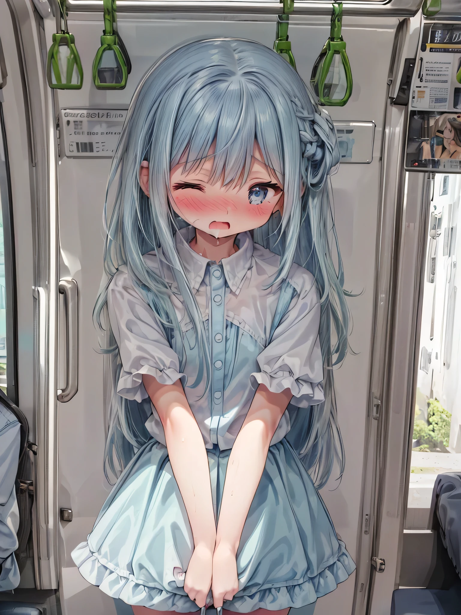 masterpiece, best quality, extremely detailed, (illustration, official art:1.1), 1 girl ,(((( light blue long hair)))), ,(((( light blue long hair)))),light blue hair, ,, long hair ((blush)) , cute face, big eyes, masterpiece, best quality,(((((a very delicate and beautiful girl))))),Amazing,beautiful detailed eyes,blunt bangs((((little delicate girl)))),tareme(true beautiful:1.2),(pov_hand, pink vibrator remote switch in pov_hand, pov:1.2), best quality, super detail, masterpiece, UHD, 8k, ridiculous, cowboy shooting, blurred,  

1girl, focus on girl, embarrassed, blush, lovely, eyes closed, opening mouth with tears in eyes, left by saliva, wet skirt hem, sticky panties, vibrator cord bulge, vibrator in garter,



Subway car interior background, In the crowded crowd,train
