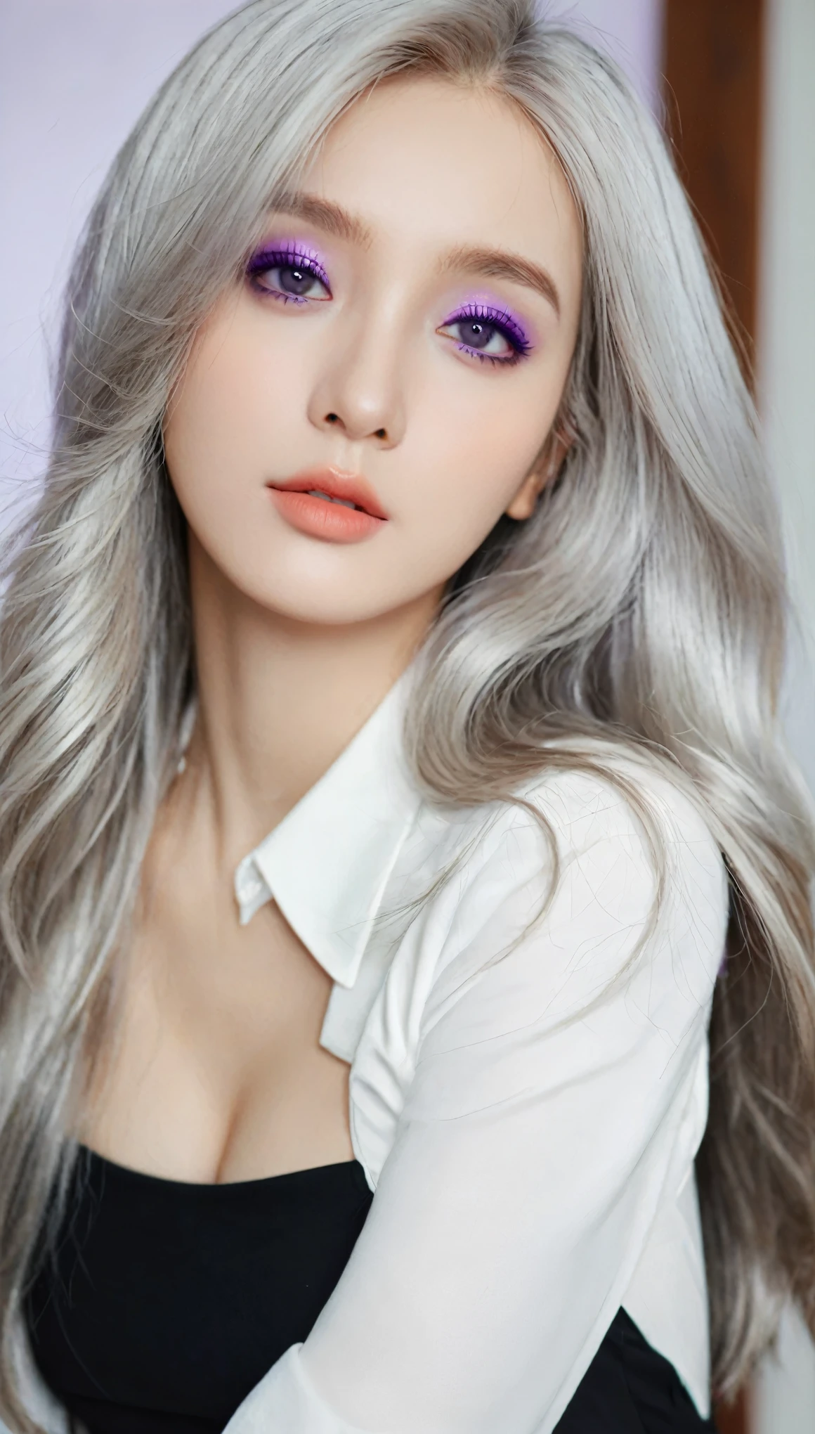 masterpiece, best quality, 1 Girl, Elena_(possible_No_Gossip), Silver Hair, Purple Eyes, Long hair,