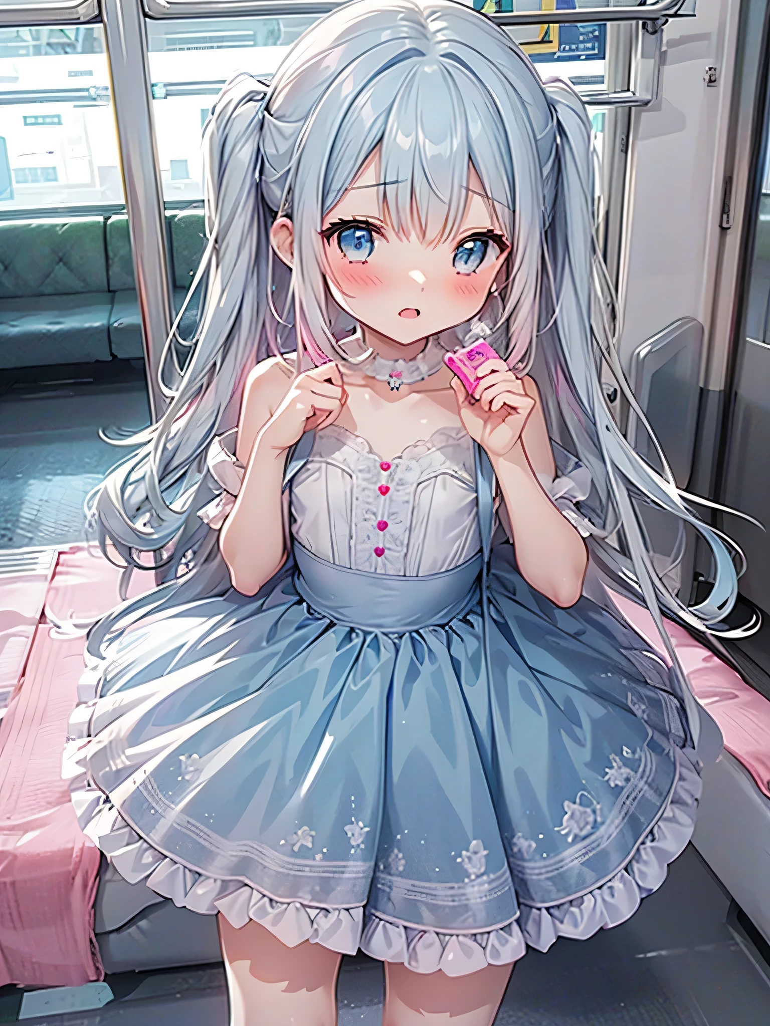 masterpiece, best quality, extremely detailed, (illustration, official art:1.1), 1 girl ,(((( light blue long hair)))), ,(((( light blue long hair)))),light blue hair, ,10 years old, long hair ((blush)) , cute face, big eyes, masterpiece, best quality,(((((a very delicate and beautiful girl))))),Amazing,beautiful detailed eyes,blunt bangs((((little delicate girl)))),tareme(true beautiful:1.2),(pov_hand, pink vibrator remote switch in pov_hand, pov:1.2), best quality, super detail, masterpiece, UHD, 8k, ridiculous, cowboy shooting, blurred, 1girl, focus on girl, embarrassed, blush, lovely, eyes closed, opening mouth with tears in eyes, left by saliva, wet skirt hem, sticky panties, vibrator cord bulge, vibrator in garter, Subway car interior background, In the crowded crowd,train,(flat chest)
