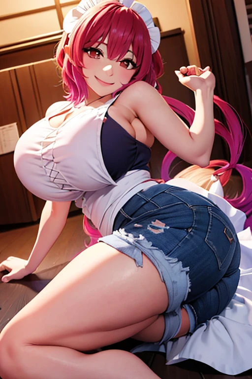 Sensual hermosa mujer cabello rosa coletas , cuernos de dragon ((Ilulu, kobayashi san chi no maid)) cuerpo esbelto tetas grandes playera negra muy ajustada casi transparente short jeans imagen 1.2 high resolution perfect detailed sensual smile with high resolution 12k
