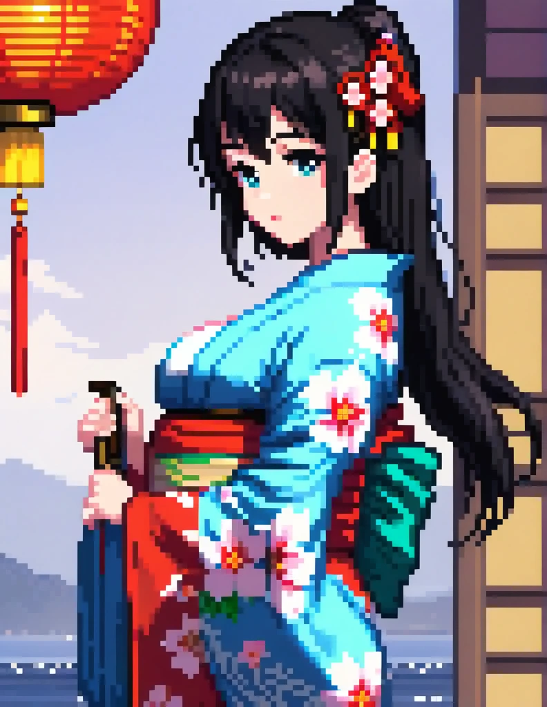 (Pixel art:1.2), 1girl,black hair,big bosom,kimono