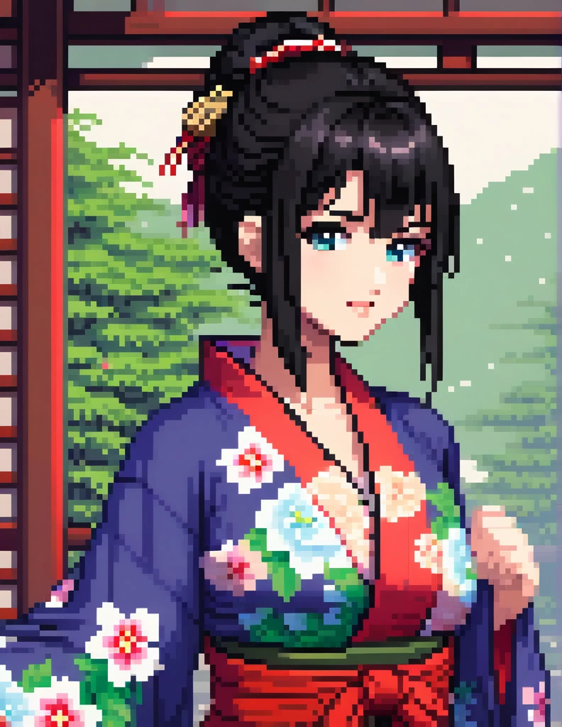 (Pixel art:1.2), 1girl,black hair,big bosom,kimono