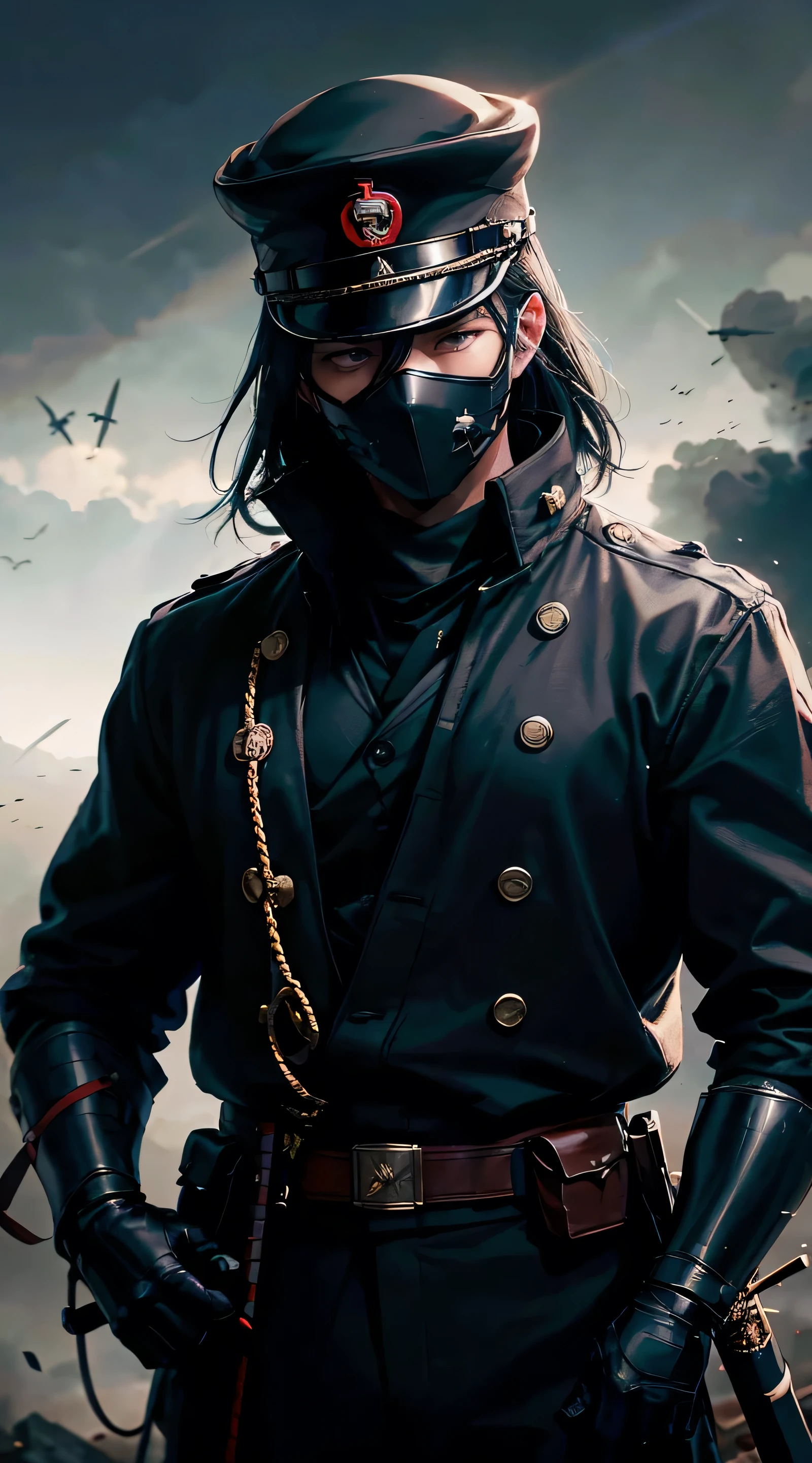 Grandfather holding katana, ww2 black suits, general ww2 hats, black eye mask, soldiers in the background,red blood element,hd light and dark, balance rendering, HD lighting and dark )<=(epic image quality)dark atmosphere with bright particle light(many effects in background)