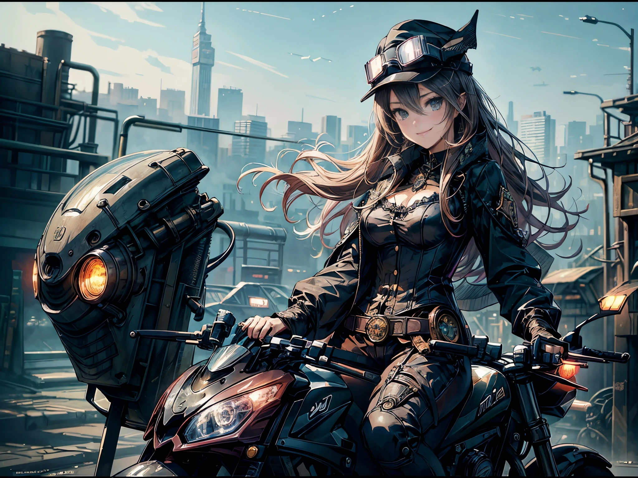 (Manga style),(Line art_anime),(Cowboy Shot, highest quality, ),(Photo by Laura Budd:1.2),(Laura Add details:1.0),8k, Flat Color:0.8,(1 girl,Smile 1.5)、View your viewers,(1. Riding a steampunk bike.8)、(Classic style bike 1.5)、(Highly decorative and complex mechanical steampunk fashion, Lace flare dolphin hat、Goggles 1.5、machinery background、Gear background、Intricately mechanized steampunk cityscape 1.5),
