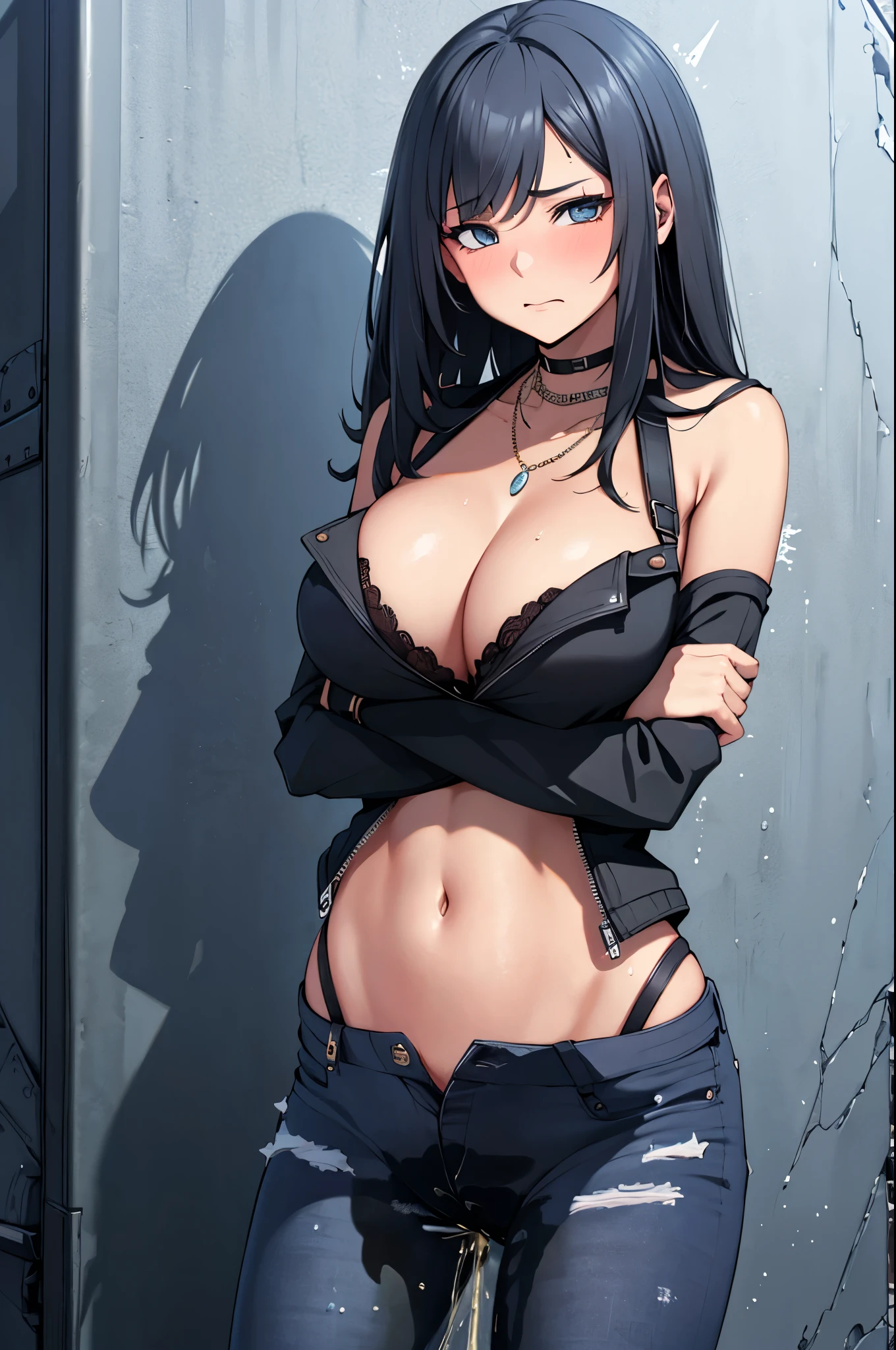 A woman with very long black hair and (very long bangs:1.5), wearing a stylish jacket and tight jeans, (low-rise jeans:1.25), (low-cut jeans:1.25), standing. The artwork is inspired by manga and incorporates a doujin style. The woman appears to be (wetting herself:1.5), which causes her to feel embarrassed and humiliated, resulting in a blush on her face. In addition, there is an air of anger in her expression. The lighting in the scene is moody, with a spotlight highlighting the woman's figure. She is crossing her arms, (arms crossed:1.5), fully showcasing her jeans., large breasts, navel, midriff, groin, mound of venus, cleavage, diamond necklace, unzipped pants, panty peek, panties, open belt, unbuckled belt, unbuckled
