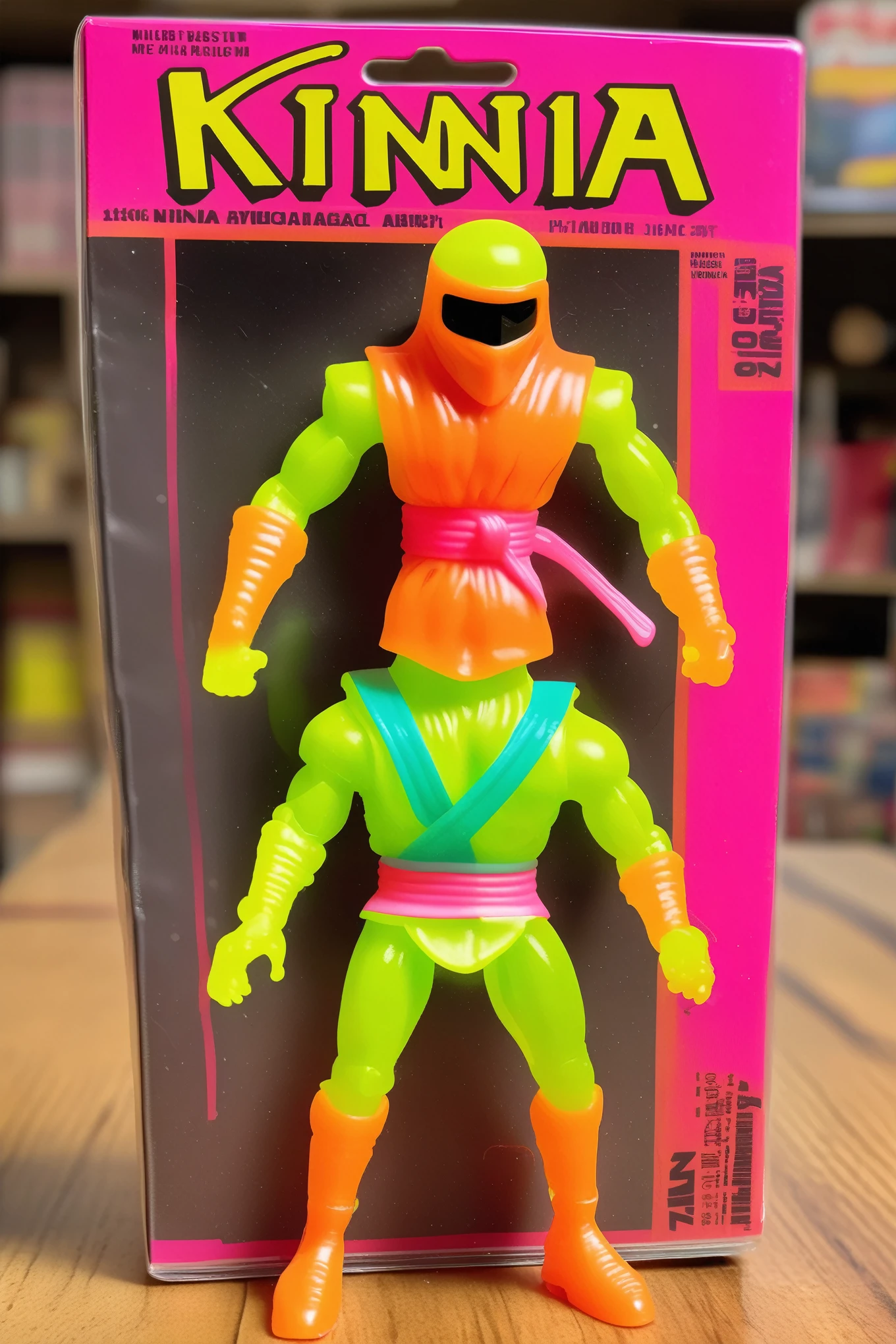 1987 Action Figure Playset Packaging - a 1970s die cast kenner style action figure shaped like a neon colored ninja standing next to its cardboard and plastic packaging
