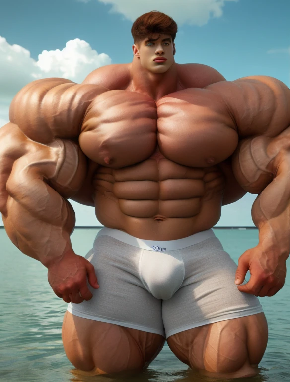 1boy, giant, model shoot style, looking at viewer, standing, cool ambience, outdoor, summer season, at the ocean lagoon, cloudy sky, strong body, bulk, large size, standing, white triangular underwear, prominent bulge, big, brutalmass, giant, muscular body, bulk, massive body, large meaty body size