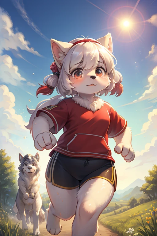 rear Bokeh , hairy Old English Sheepdog girl , realistic hairy fur , round face , moist eyes , Swollen cheeks , glossy lips , Childish hairstyle , Hair ties , boysh wear , can go, Farther than anyone else , A wonderful adventure awaits , beyond the horizon , even when times are tough, turn face up to the sky , see forgotten dreams ,  Let's run like free beasts , Minnesota countryside