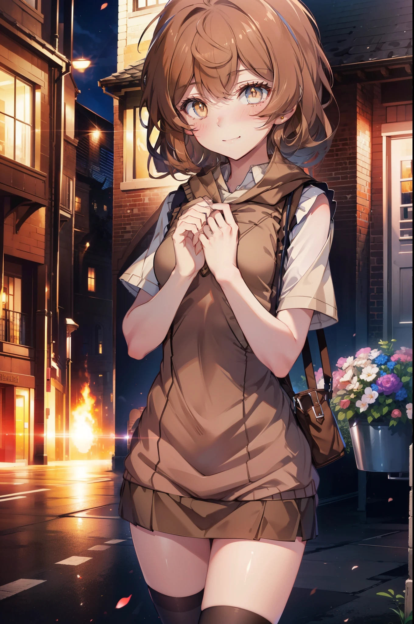 Liliru Card, Liliruca gets burned,  (Brown eyes:1.7),height: 140cm, Brown Hair, (Small breasts:1.2),blush,smile, short hair, uniform,  Y-shirt,Sweater vest, (brown Sweater vest:1.5),Short sleeve white shirt, Collared shirt, skirt,black  pleated skirt,Black knee socks,Brown Loafers,On the way home from school,evening,夕陽
break looking at viewer,
break outdoors, city,Building Street,
break (masterpiece:1.2), highest quality, High resolution, unity 8k wallpaper, (shape:0.8), (Fine and beautiful eyes:1.6), Highly detailed face, Perfect lighting, Highly detailed CG, (Perfect hands, Perfect Anatomy),