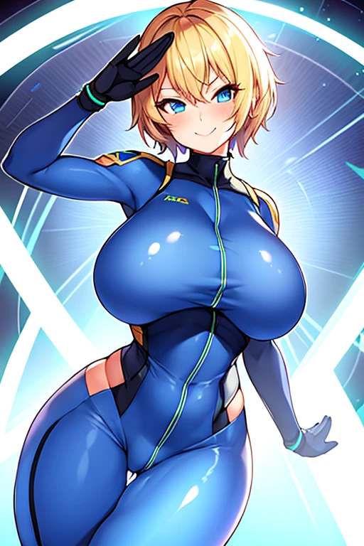 1girl, large breasts, thick thighs, toned, toned female, blue eyes, blue bodysuit, bodysuit, futurustic, science-fiction, neon trim, neon, neon lights, blonde hair, very short hair, pixie cut, tomboy, salute, standing, smile, smirk, smug, cameltoe, pilot suit