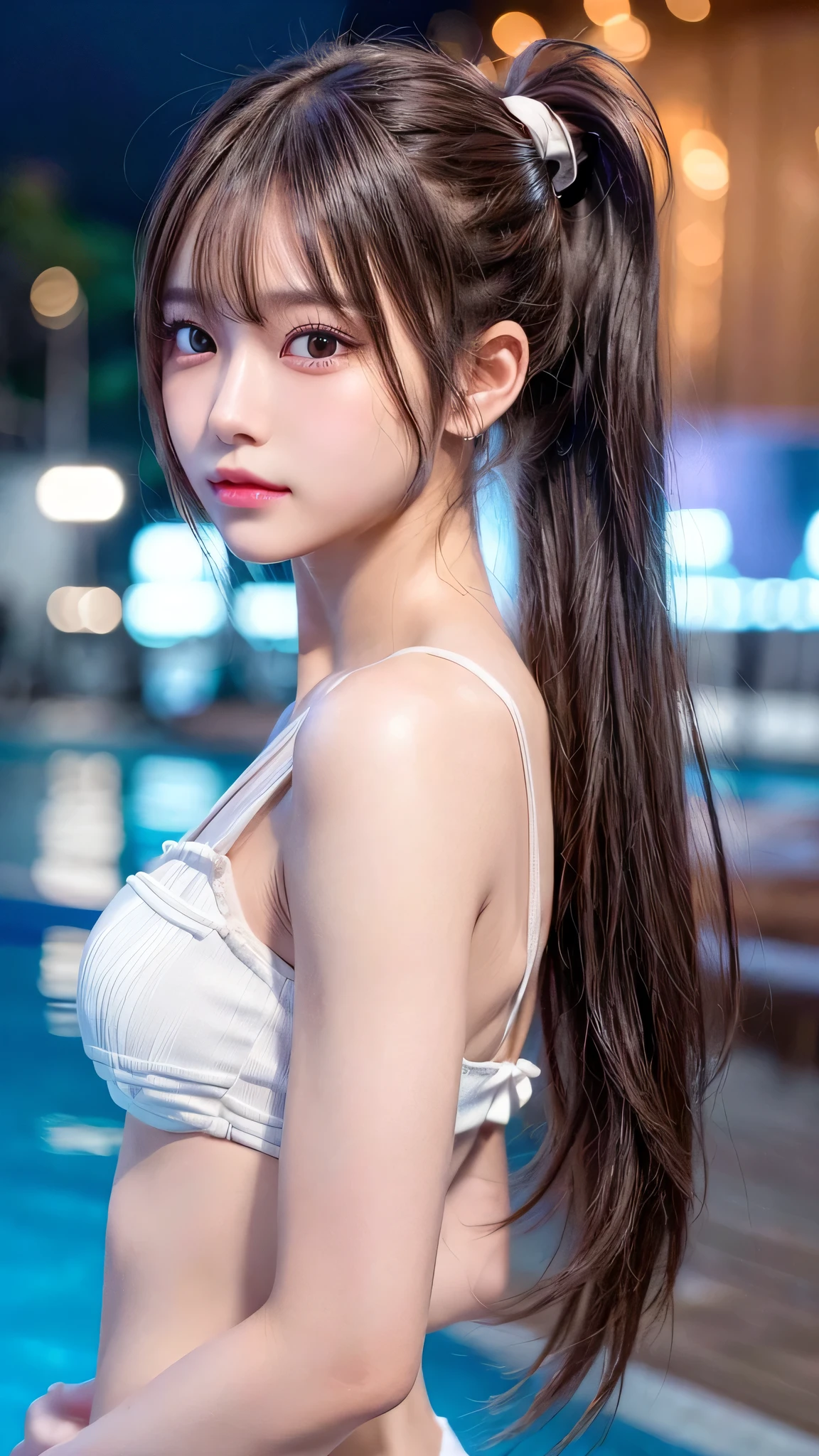 Outdoor,midnight,Very large pool,It's dark outside,Lit up with neon lights,bikini,Blushing,Facing forward,Small breasts,,Long hair ponytail,((8K, Raw photo, Best Quality, Mastepiece:1.2), (Realism, Photorealistic:1.4), (Highly detailed 8K wallpapers), Depth of written boundary, Cinematic Lighting, Soft Light, Detailed Beauty Eye,Shiny and smooth light brown ponytail, Asymmetrical bangs, Shiny skin, Ultra-detailed skins ,It is high resolution., High detail, Detailed hairstyle, Detailed facial beauty, Hyper-realistic, Perfect limbs, Perfect Anatomy ,1 Japanese girl,Famous Japanese Idols, Perfect female body,A shy smile,Short eyelashes,Double-edged eyelids,Look straight here,Hair style: ponytail,
