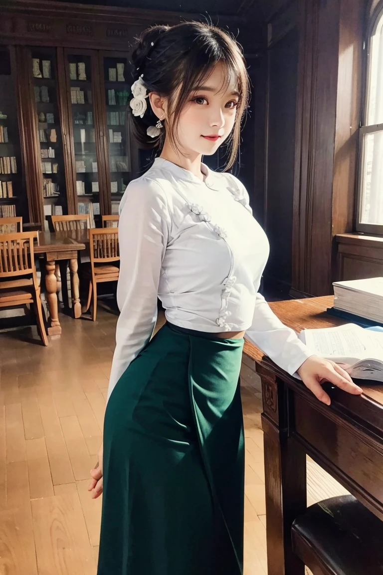 Portrait photo of a stunning woman with a neatly tied hair bun adorned by a delicate jasmine flower, radiating elegance. She stands gracefully, gazing directly at the viewer, surrounded by the enchanting ambiance of a library. The lighting beautifully accentuates her features, creating a captivating atmosphere, (wearing acmmsayarma outfit, acmmsayarma white top with buttons, long sleeves), ((acmmsayarma green long skirt))