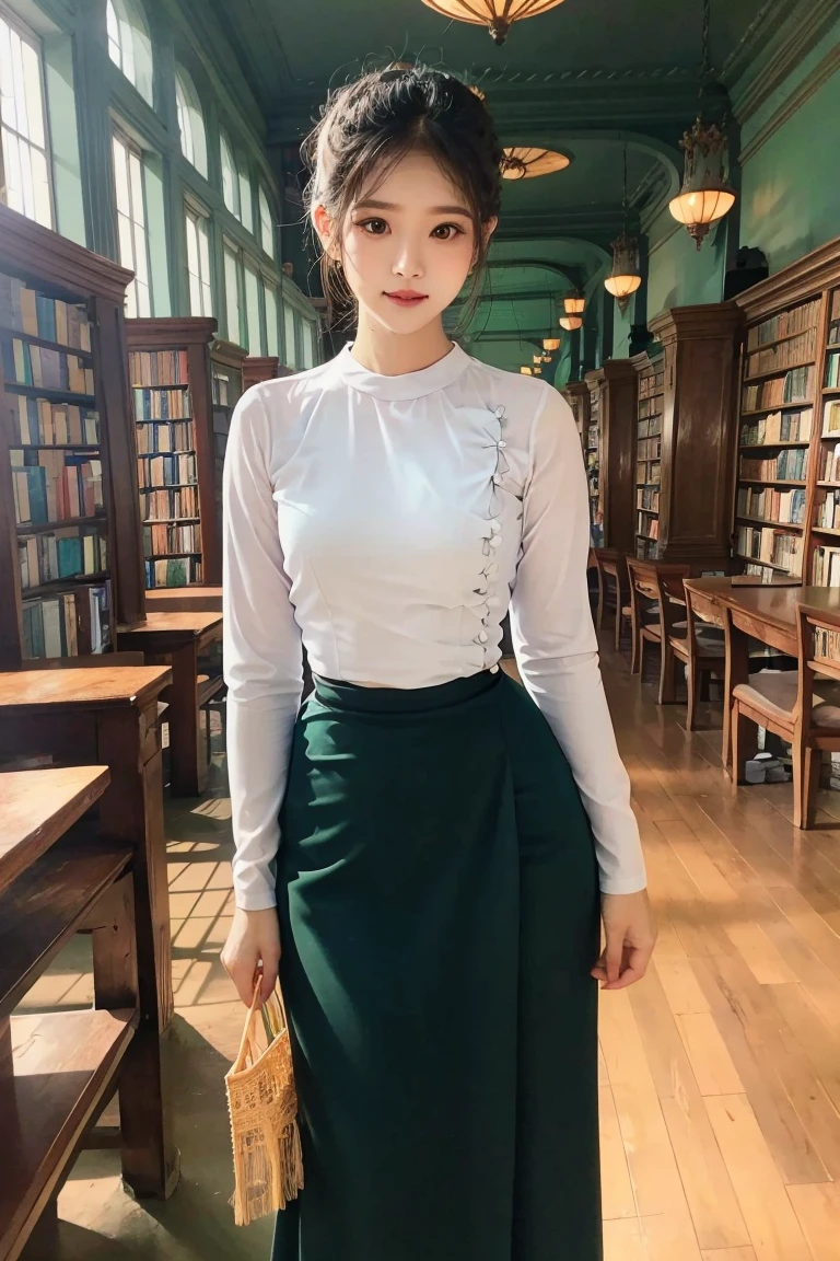 Portrait photo of a stunning woman with a neatly tied hair bun adorned by a delicate jasmine flower, radiating elegance. She stands gracefully, gazing directly at the viewer, surrounded by the enchanting ambiance of a library. The lighting beautifully accentuates her features, creating a captivating atmosphere, (wearing acmmsayarma outfit, acmmsayarma white top with buttons, long sleeves), ((acmmsayarma green long skirt))