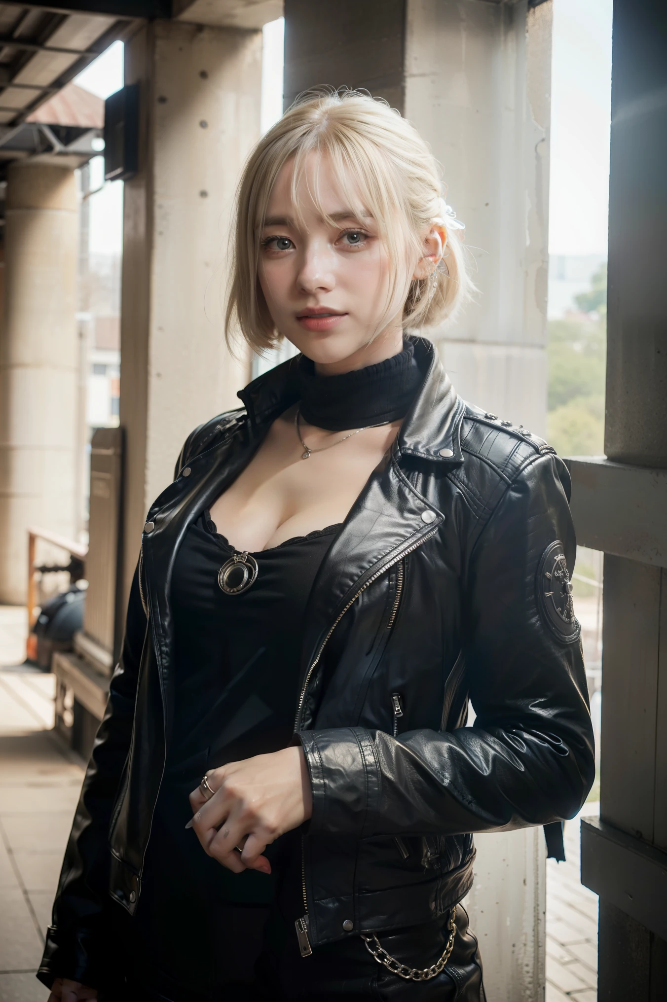a blonde woman, with dieselpunk clothes, modelshoot style, (extremely detailed CG 8k wallpaper unit), photo of the most beautiful art in the world, majestic professional (photography by Steve McCurry), 8k uhd, dslr, soft lighting, high quality, film grain, Fujifilm XT3 sharp focus, f 5.6, high detail, sharp focus, dramatic, (wearing diselpunk clothing), (looking at the viewer:1.2), (natural light),