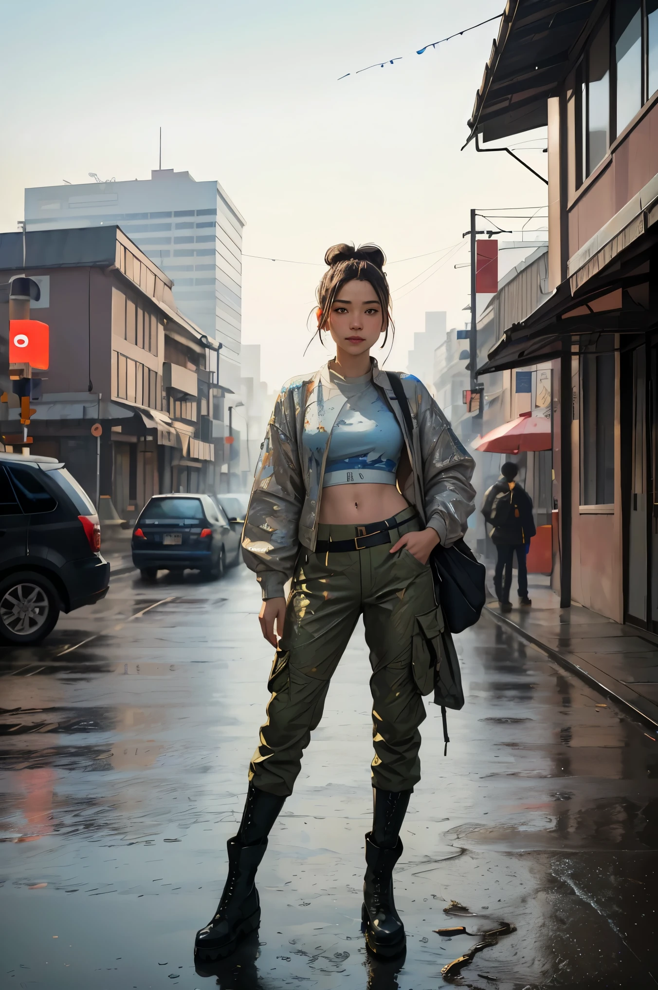 samdoesarts; award winning half body portrait of a beautiful woman in a croptop and cargo pants, military boots, standing on the street faint smile,  paint splashes, hair in a bun, splatter, outrun, vaporware,  digital art, trending on artstation, highly detailed, fine detail, intricate by Jeremy Mann, matth�us merian the elder, Pino Daeni, robert rauschenber, by beksinski