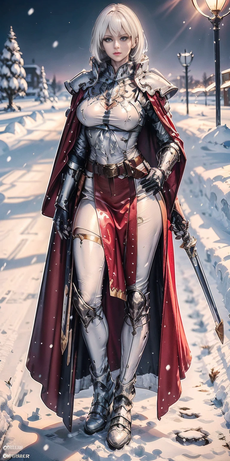 full body standing straight symmetrical, FEMALE warrior princess, big belt around waist, hair, very white skin like snow, wearing full heavy armor red cape, brown leather boots, adventurer outfit, veteran warrior MILF bimbo (Calca Bessarez - Overlord)